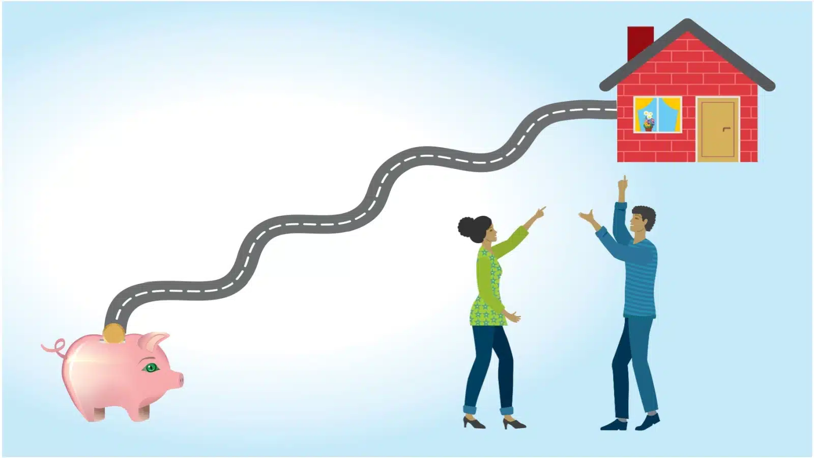 Illustration showing the path from saving money to buying a house, to represent the question "Can I afford a house?"