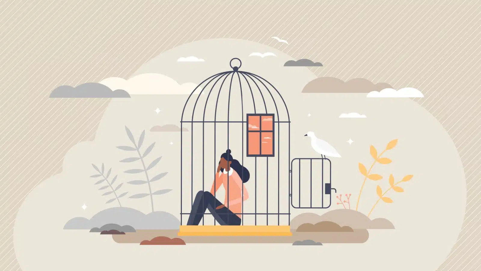 Illustration of a woman stagnating, trapped inside a cage. But the door is open, so she can leave whenever she wants. She's choosing stagnation.