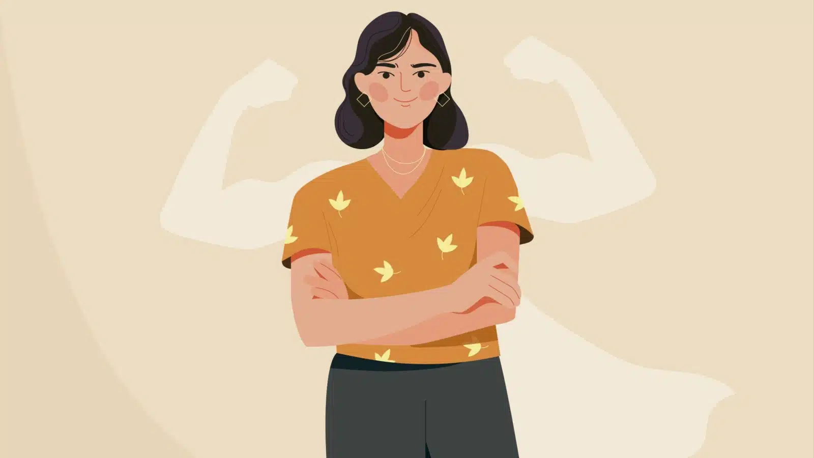 Cartoon of a confident looking woman with her arms crossed. Her shadow shows a cap and her flexing.