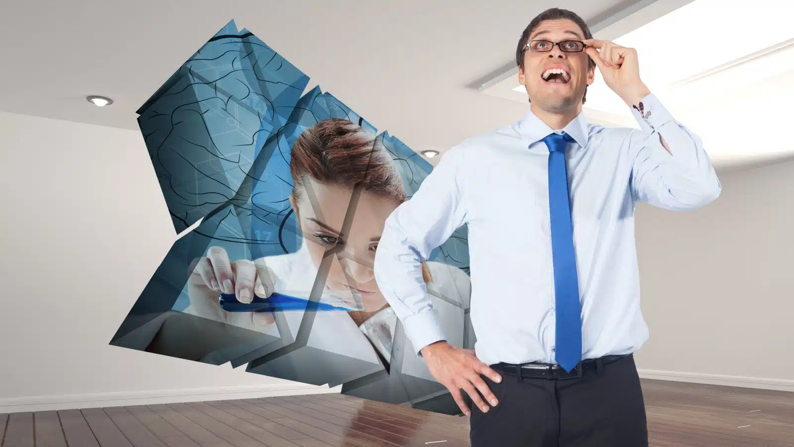 A smiling businessman stands in front of a cracked image of a female scientist to represent the women whose accomplishments were stolen by men.