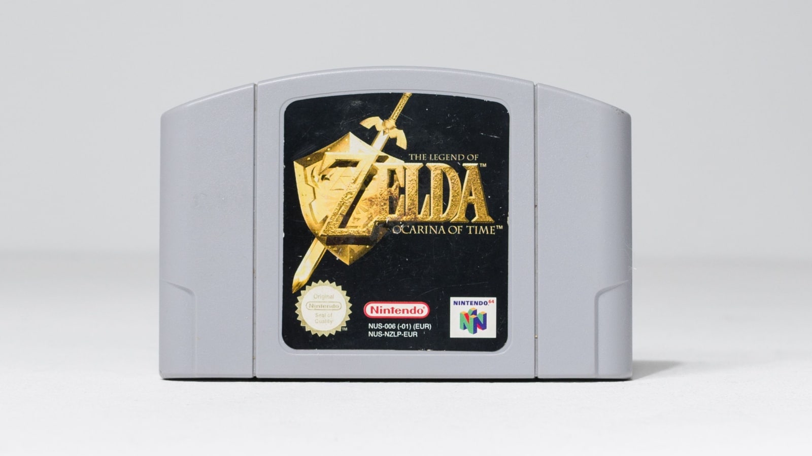 A N64 video game cartridge for the Legend of Zelda: Ocarina of Time.