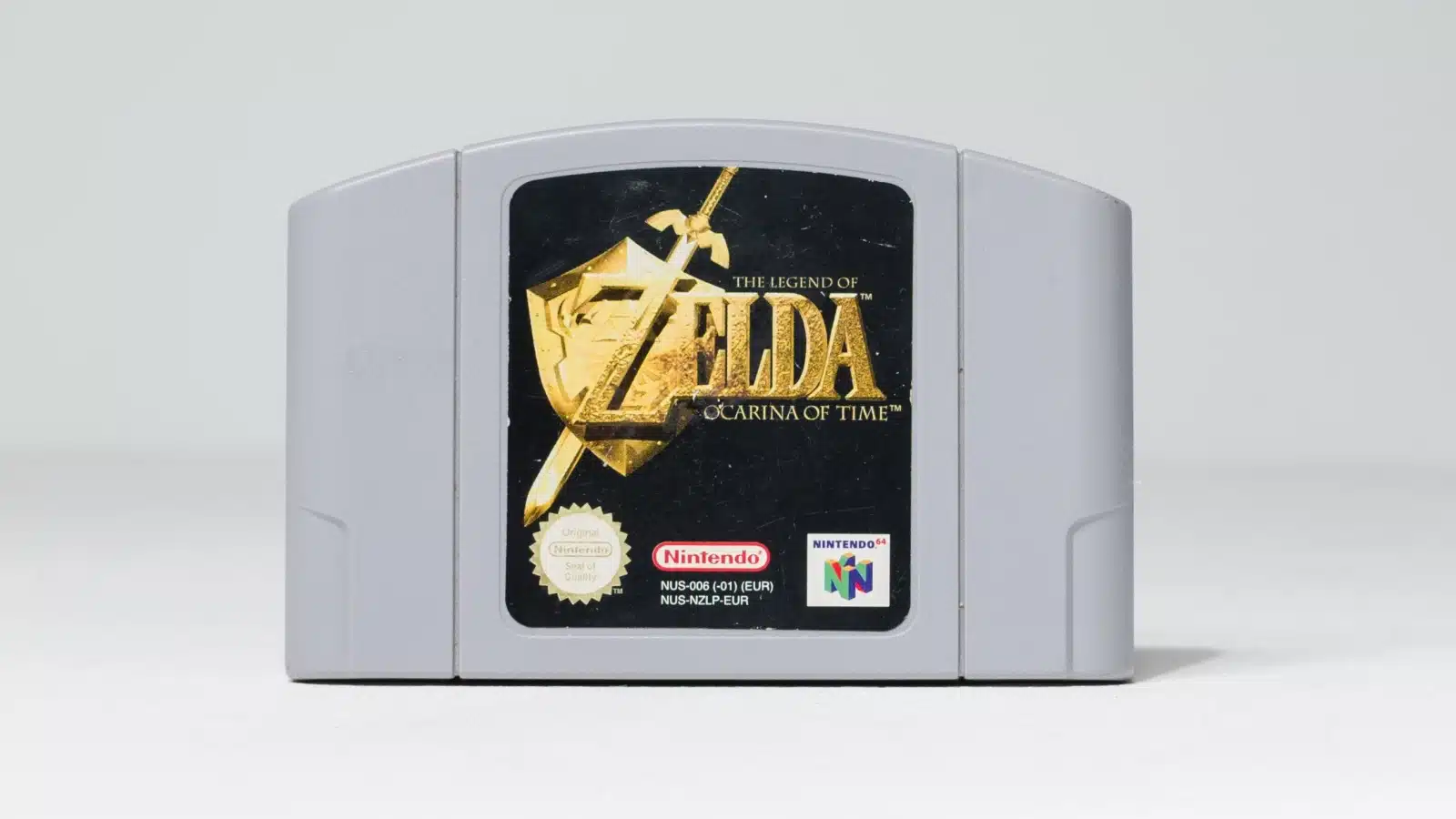 A N64 video game cartridge for the Legend of Zelda: Ocarina of Time.