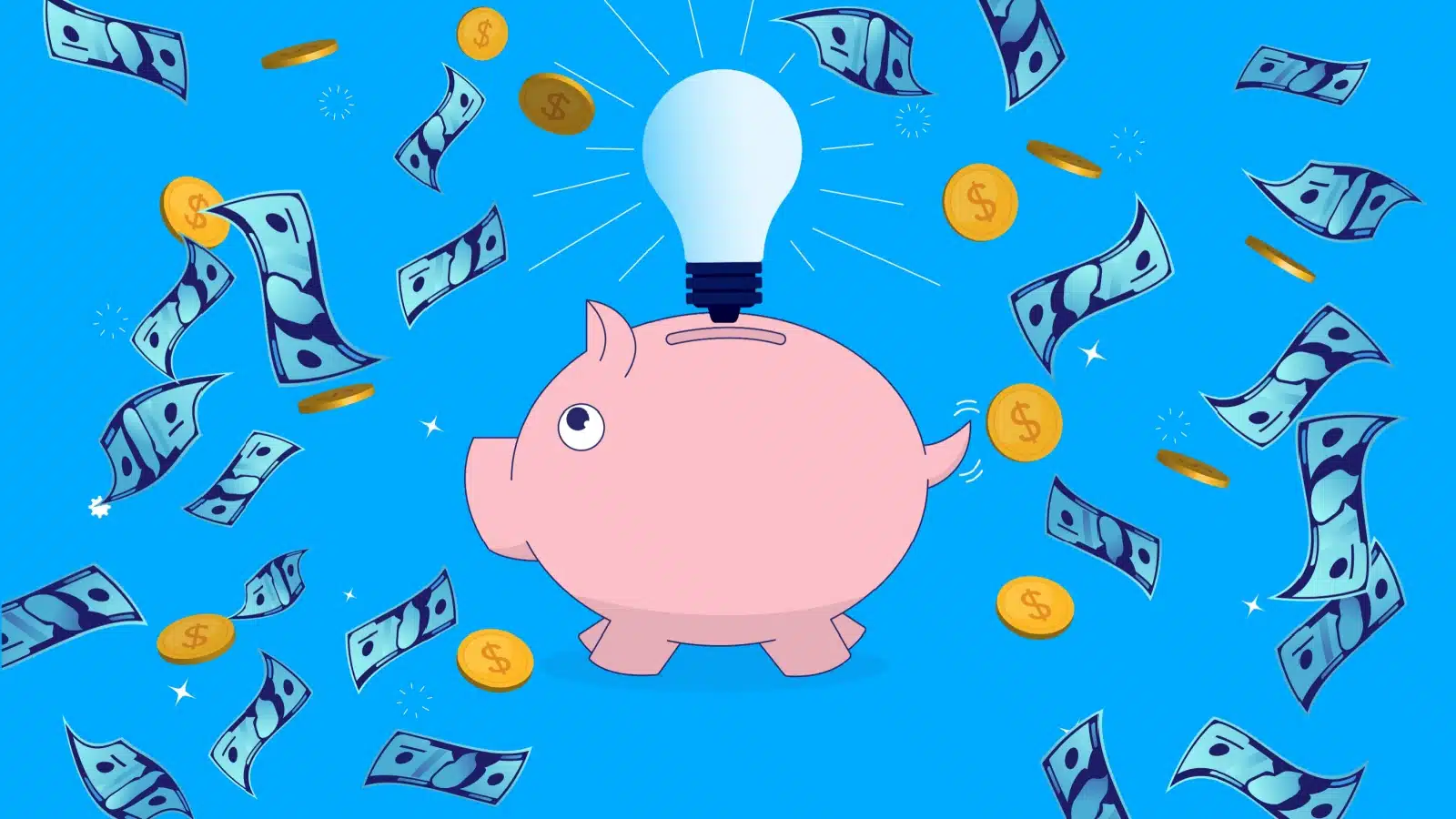 A bright graphic featuring a piggy bank with a lightbulb on top surrounded by floating money to represent make money ideas.