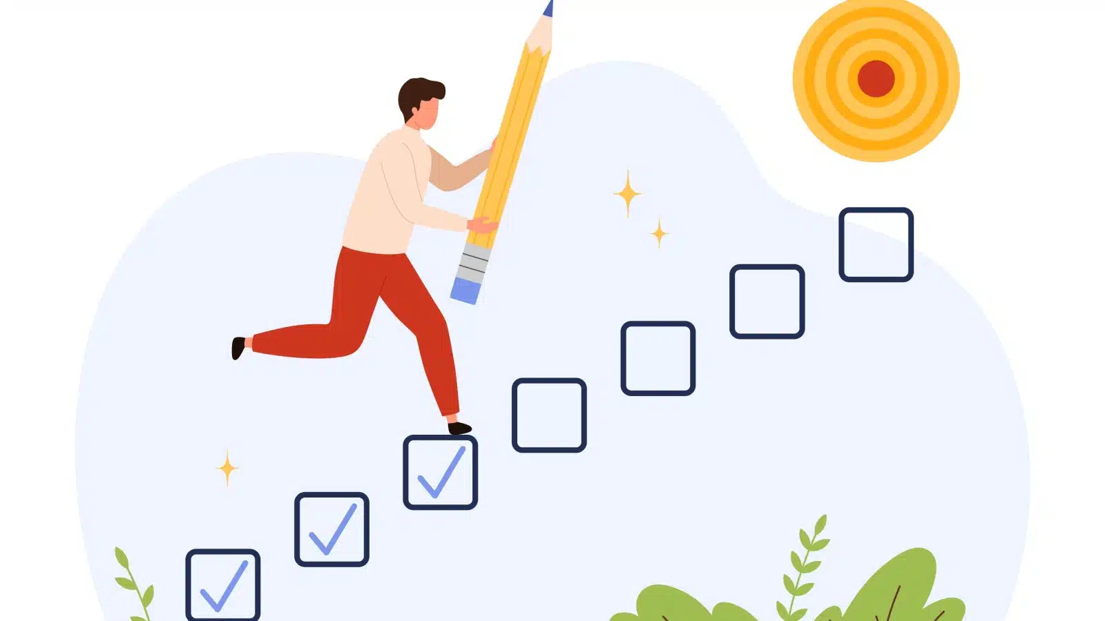 A man running up boxes that represent smaller objectives towards a man goal. He's checking each off as he runs up it.