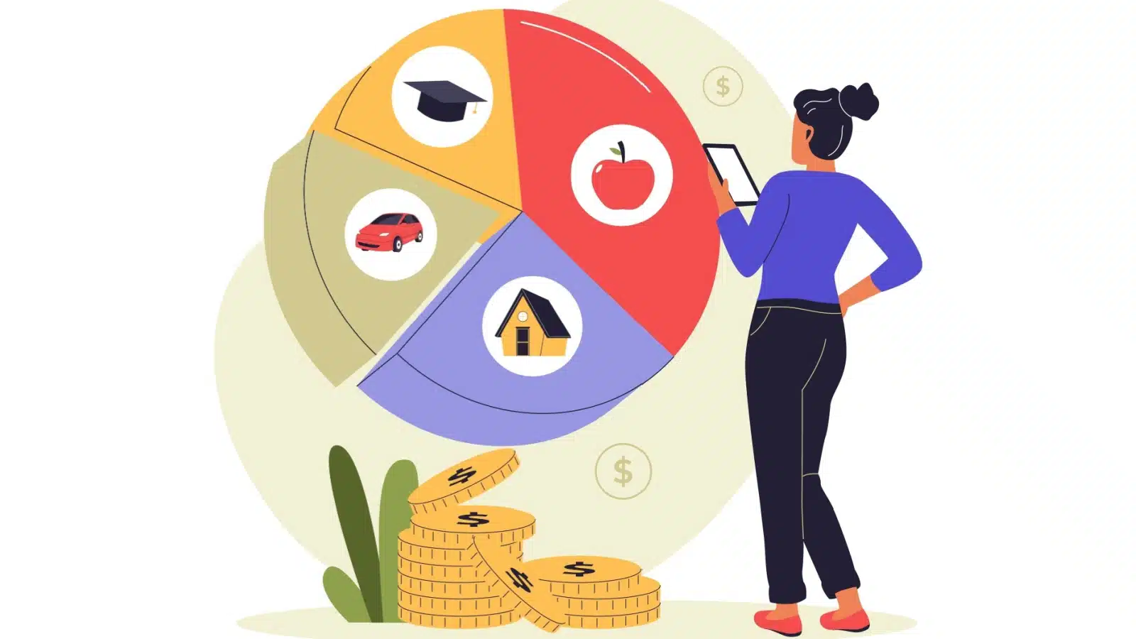 Illustration of a woman using her phone to determine her budget allocation.