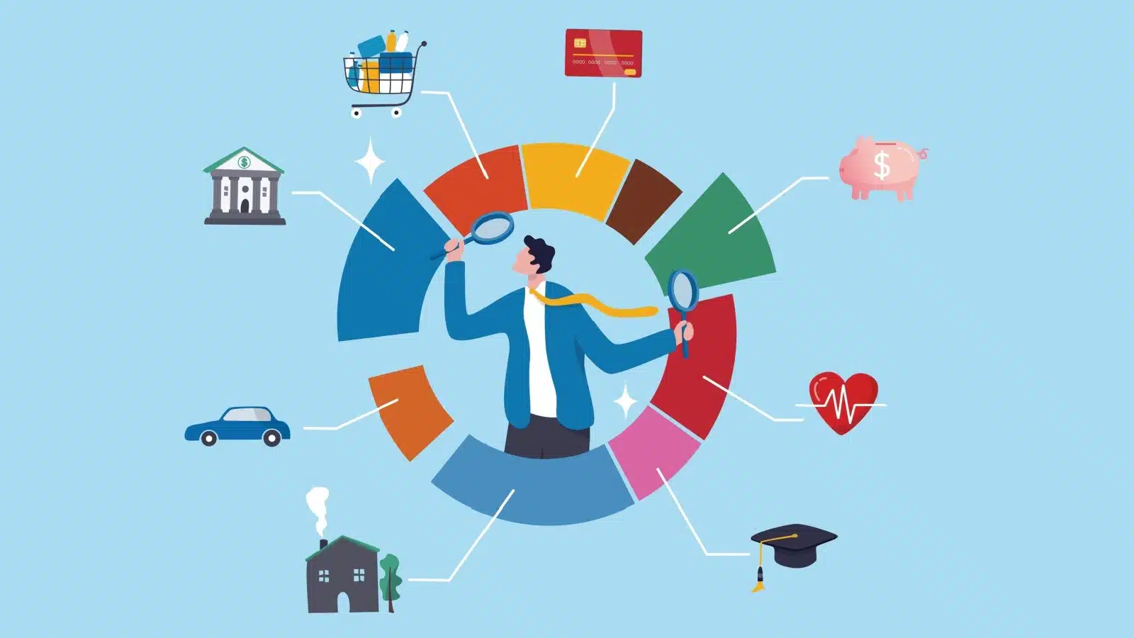 Illustration of a man surrounded by a circle, with different segments of the circle representing different line items in his budget.