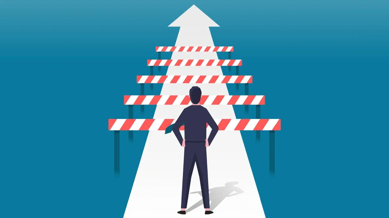 Illustration of a man about to run forward over obstacles to represent how to challenge yourself.