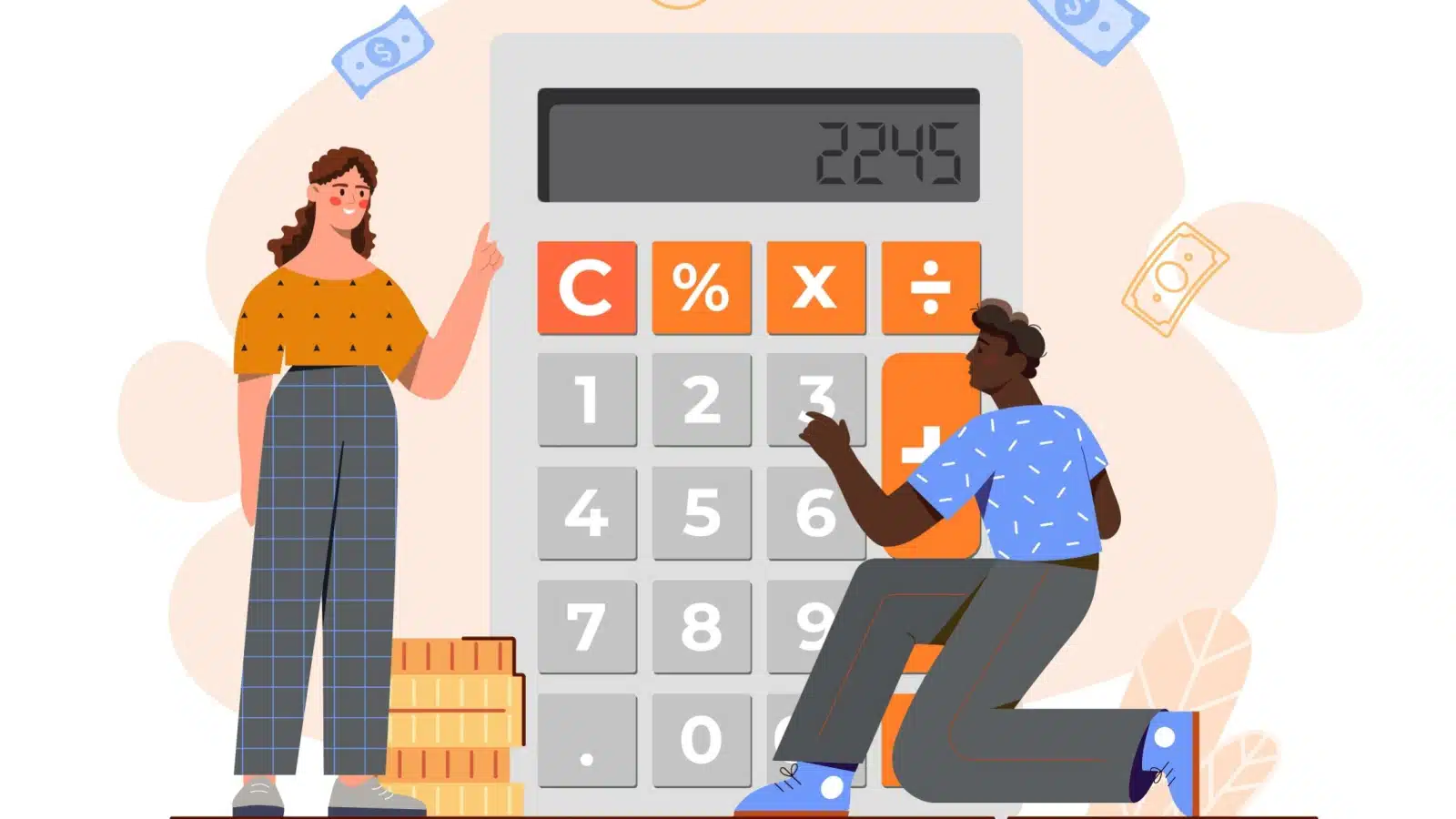 Illustration of people using a giant calculator to count their money and record their income.