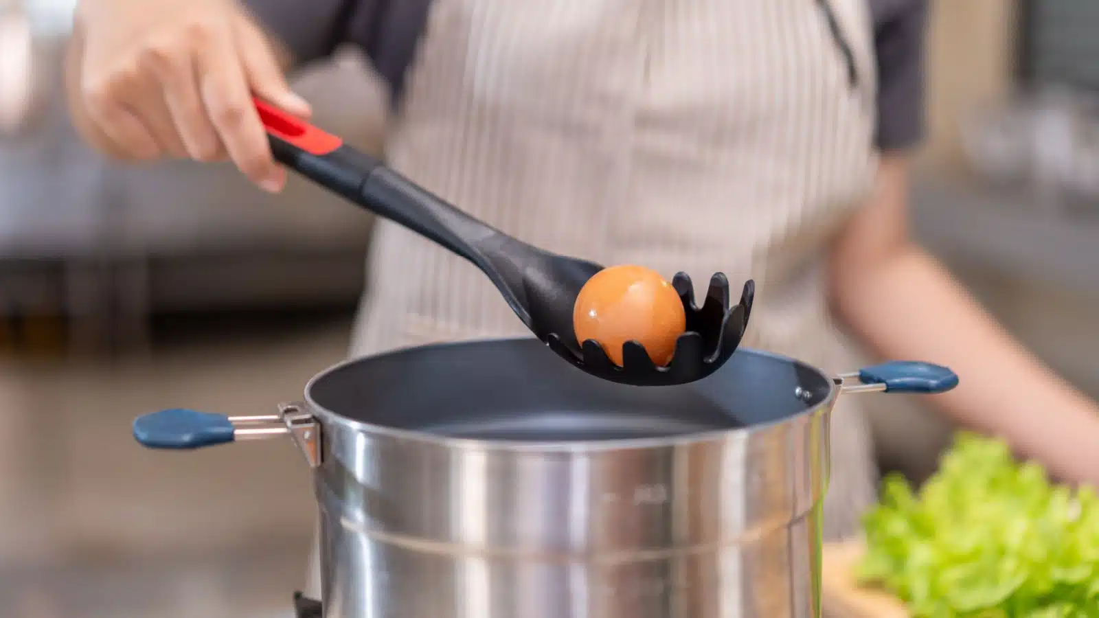 A chef uses a pasta fork to boil eggs.