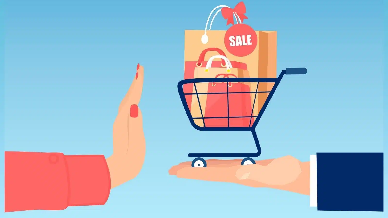 Graphic of a woman's hand refusing a shopping cart full of sale items to represent things people stopped buying due to inflation.