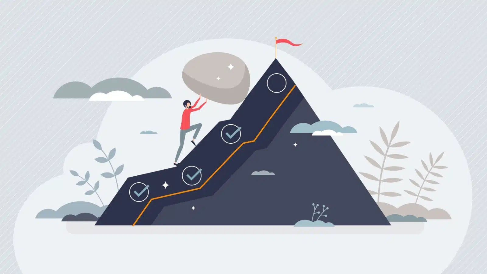 Illustration of a man pushing a boulder up a mountain to represent ways to challenge yourself.