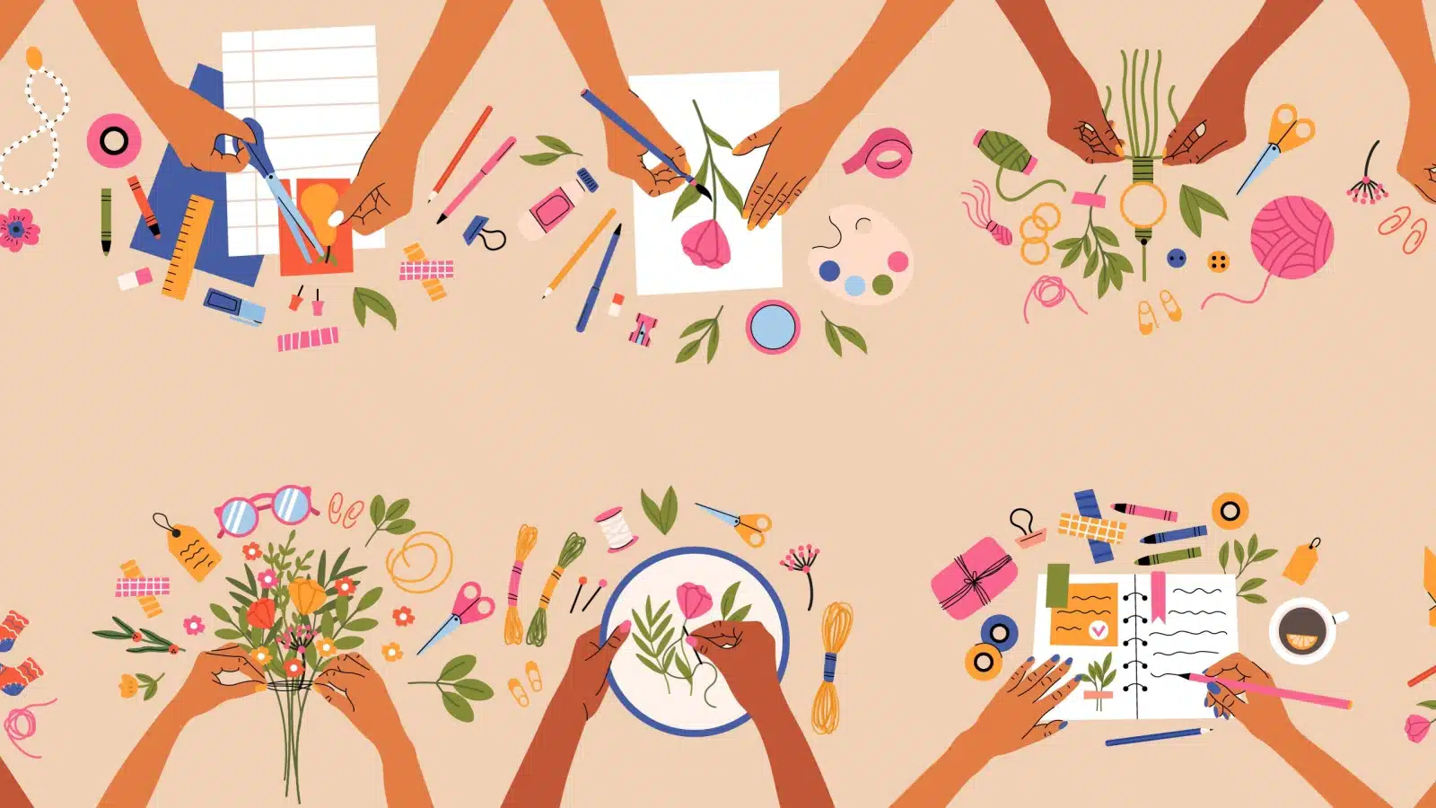 Illustration of hands working on a variety of different crafting hobbies.