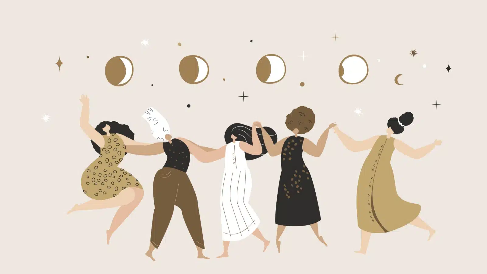 Illustration of women dancing under different moon phases, which represents how to embrace the divine feminine. 