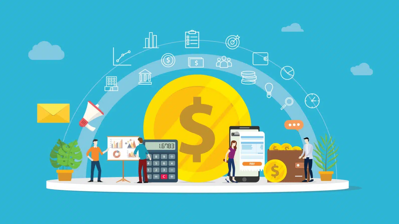 A colorful illustration showing various financial and budgeting icons.