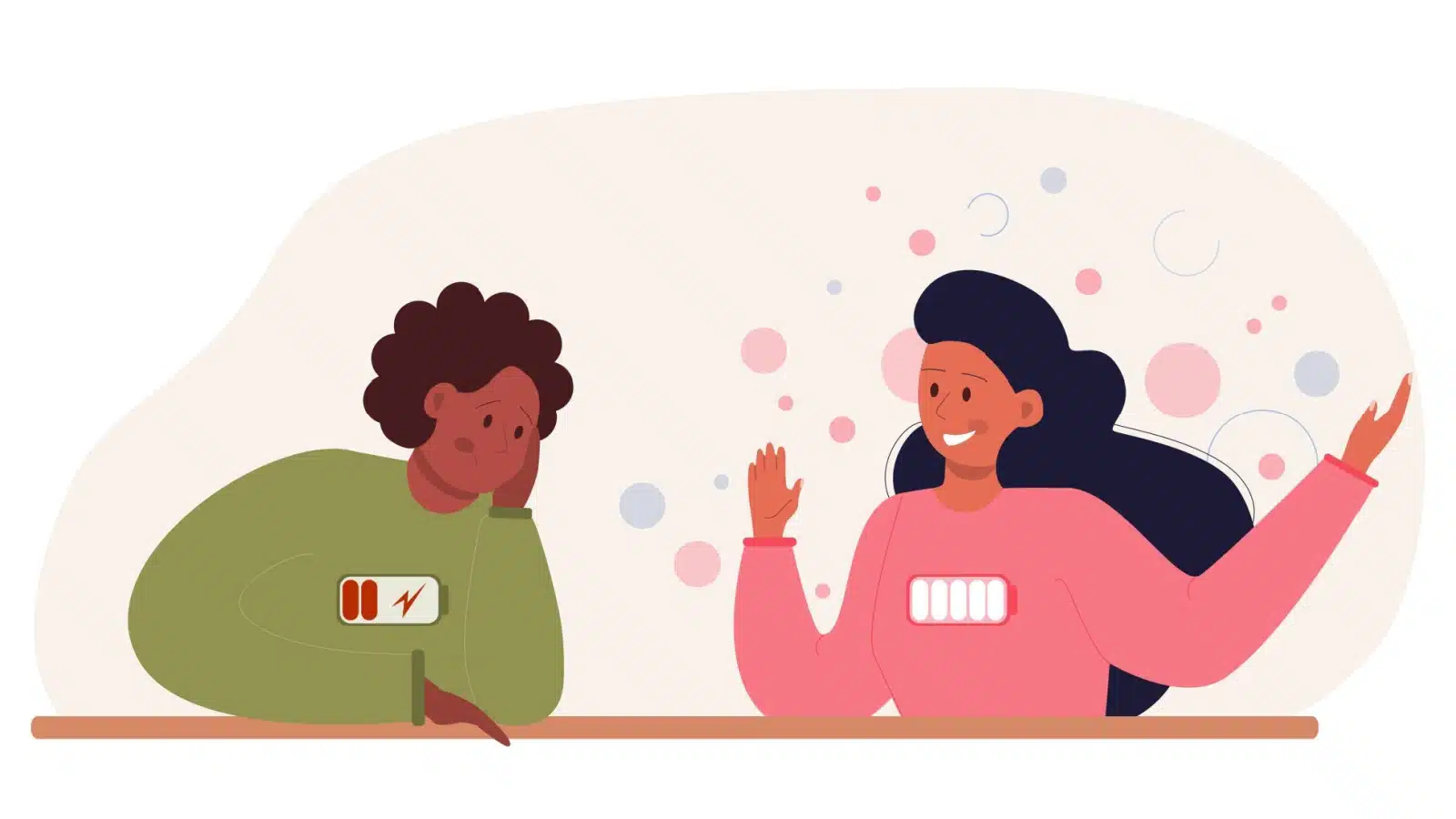 A person with a full social battery talks with someone who's social battery is nearing empty.