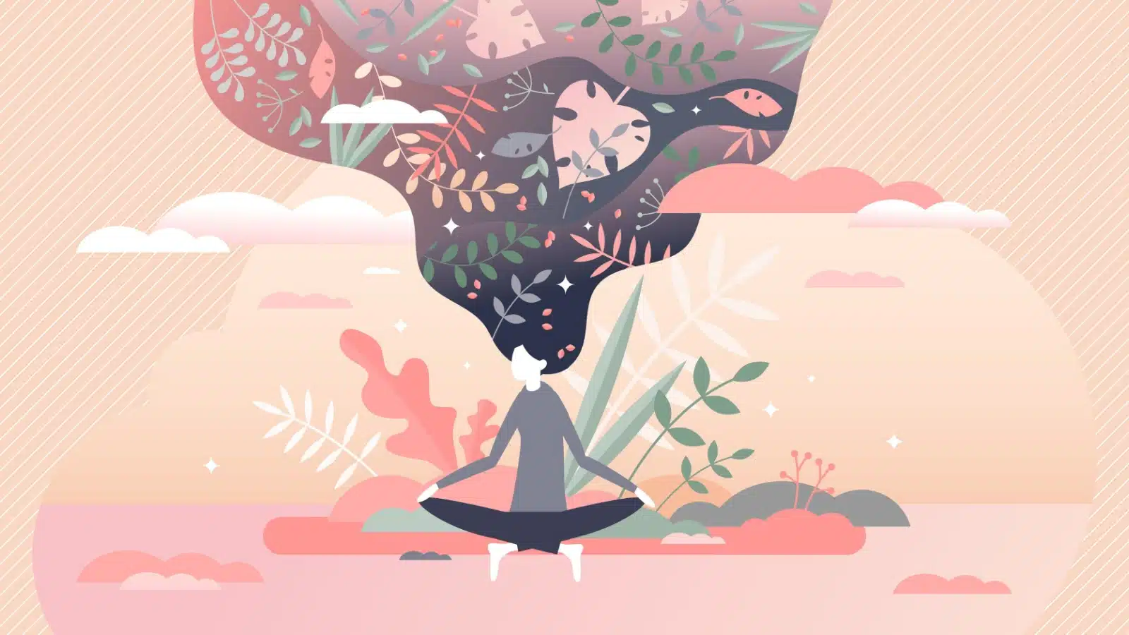 Illustration of a woman meditating with images of nature flowing from her mind to represent mindfulness.