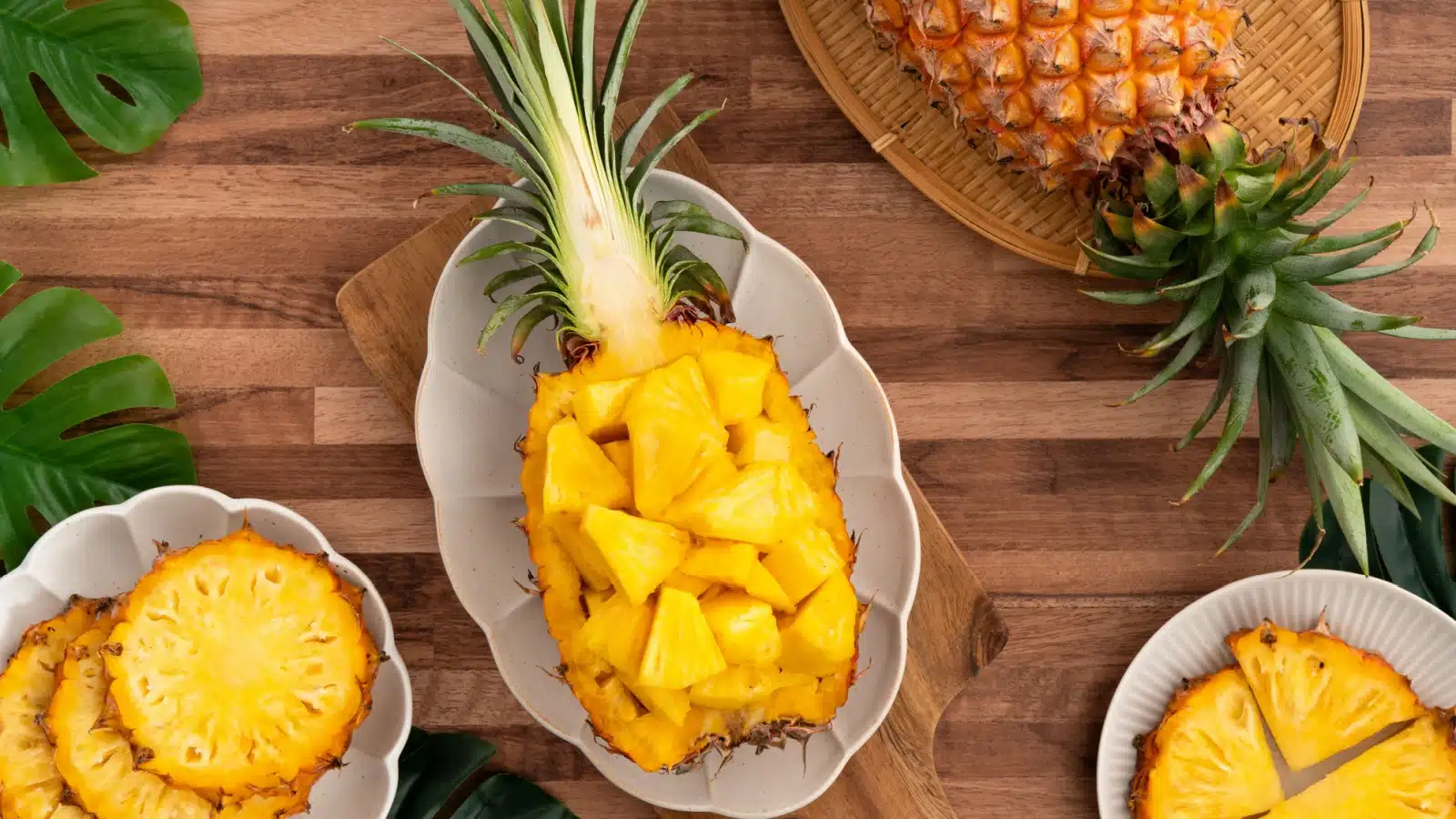 Freshly cut pineapple in a bowl.