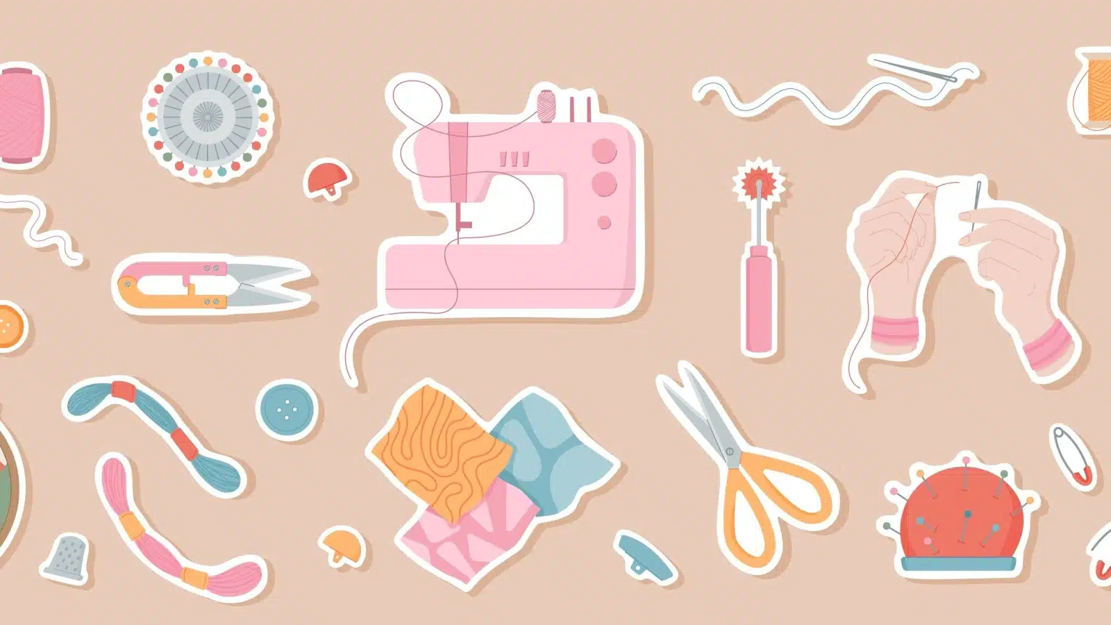 Illustration of various sewing supplies and accessories.