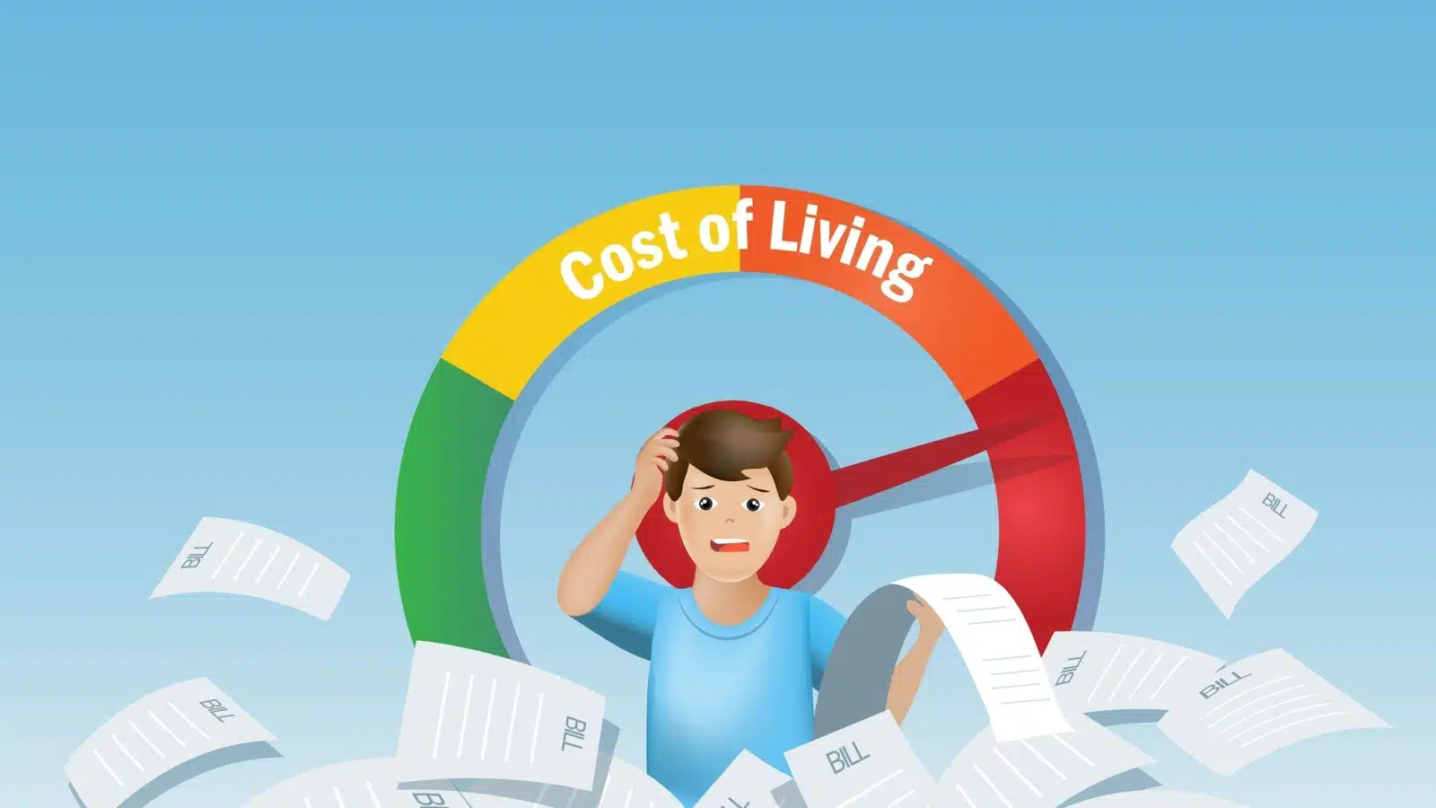 Cartoon of a stressed man under a cost of living gage set to high, to represent the rising cost of living in 2025.