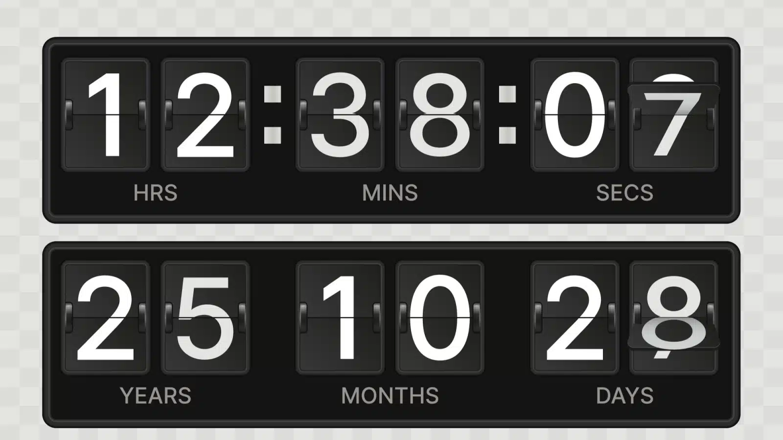 Two analog clocks showing different time frames: hours, minutes, seconds and years, months, days.