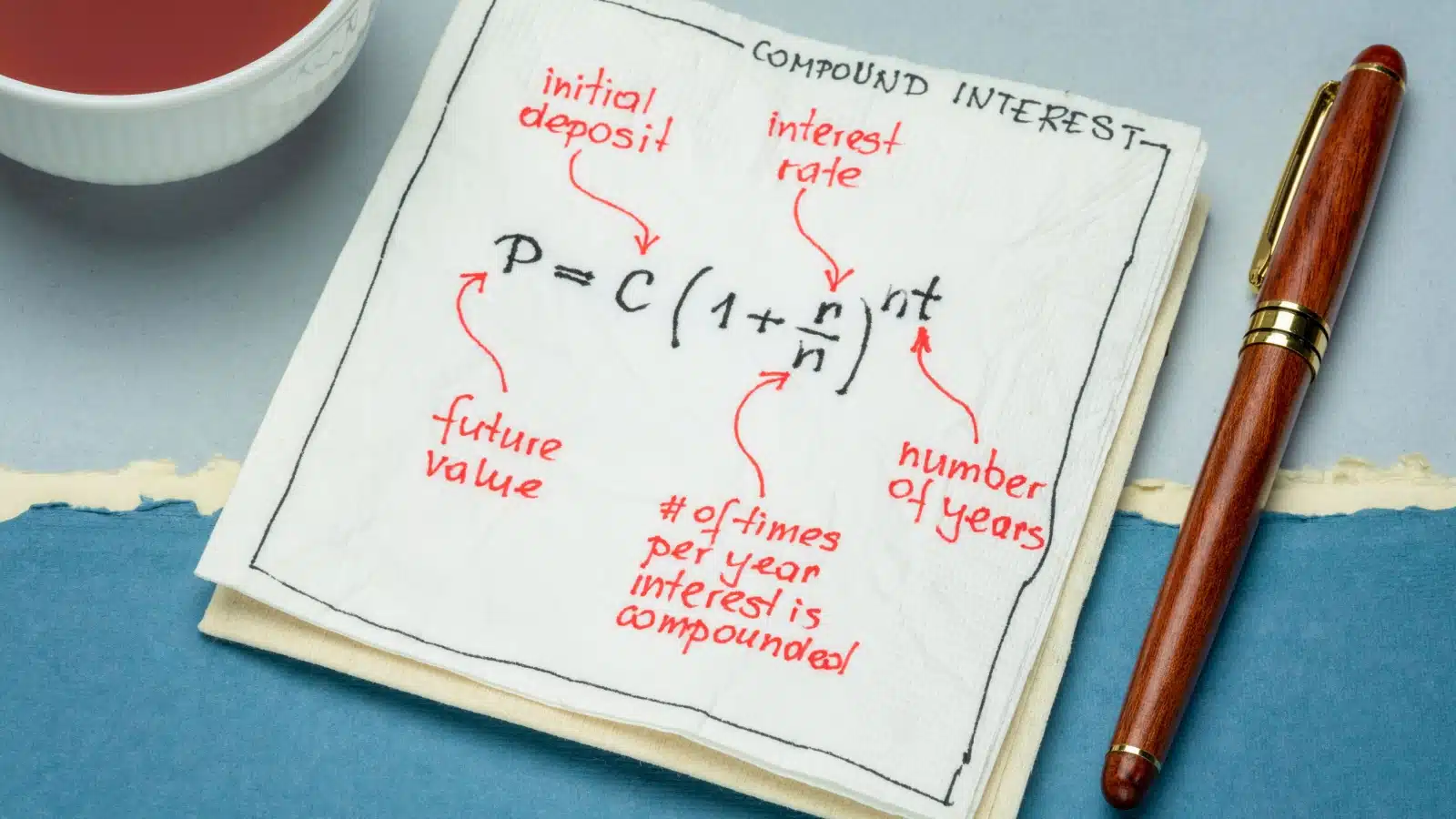 The compound interest formula written on a napkin.