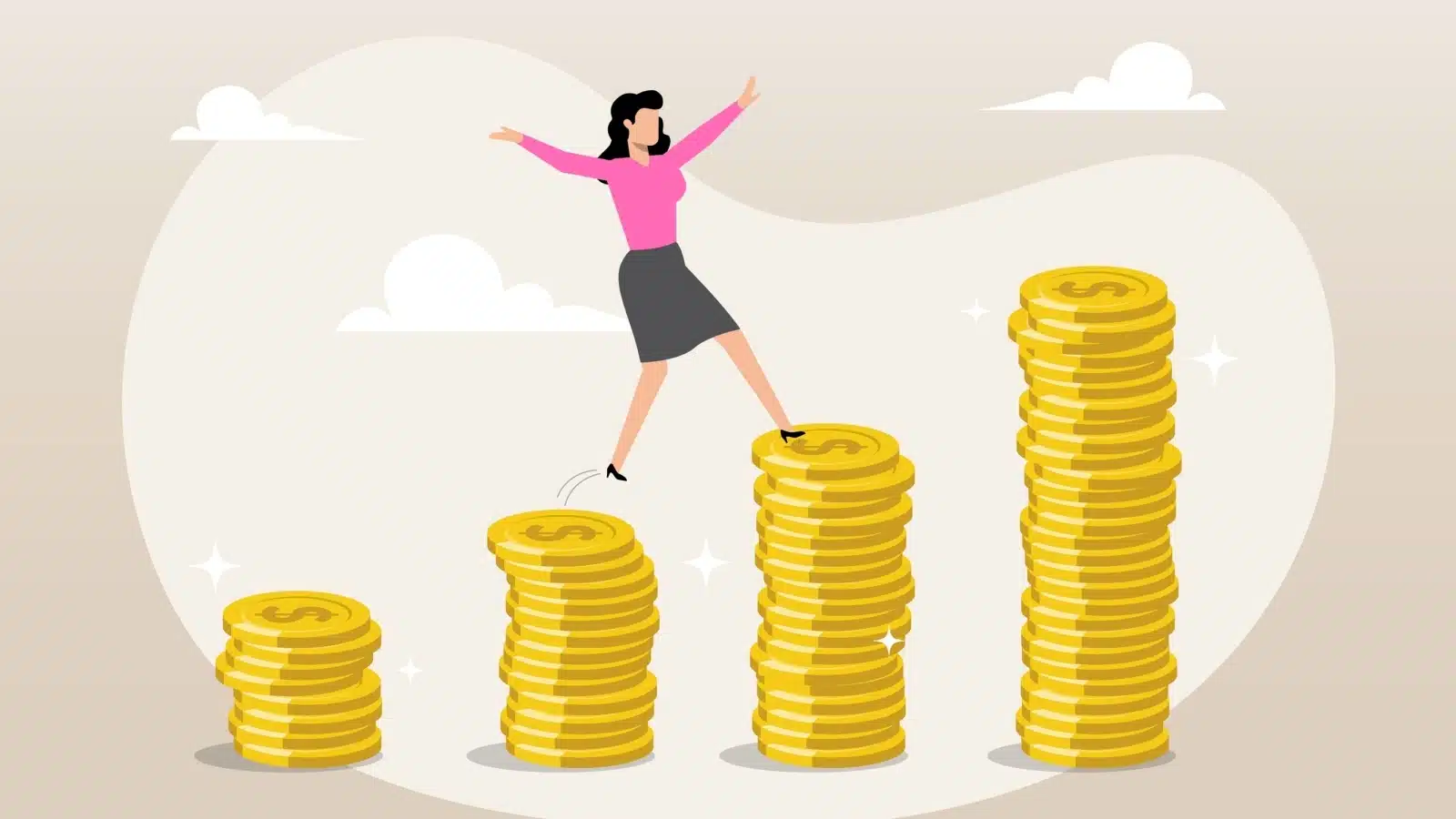 A woman teeters between growing stacks of coins to represent investment growth.