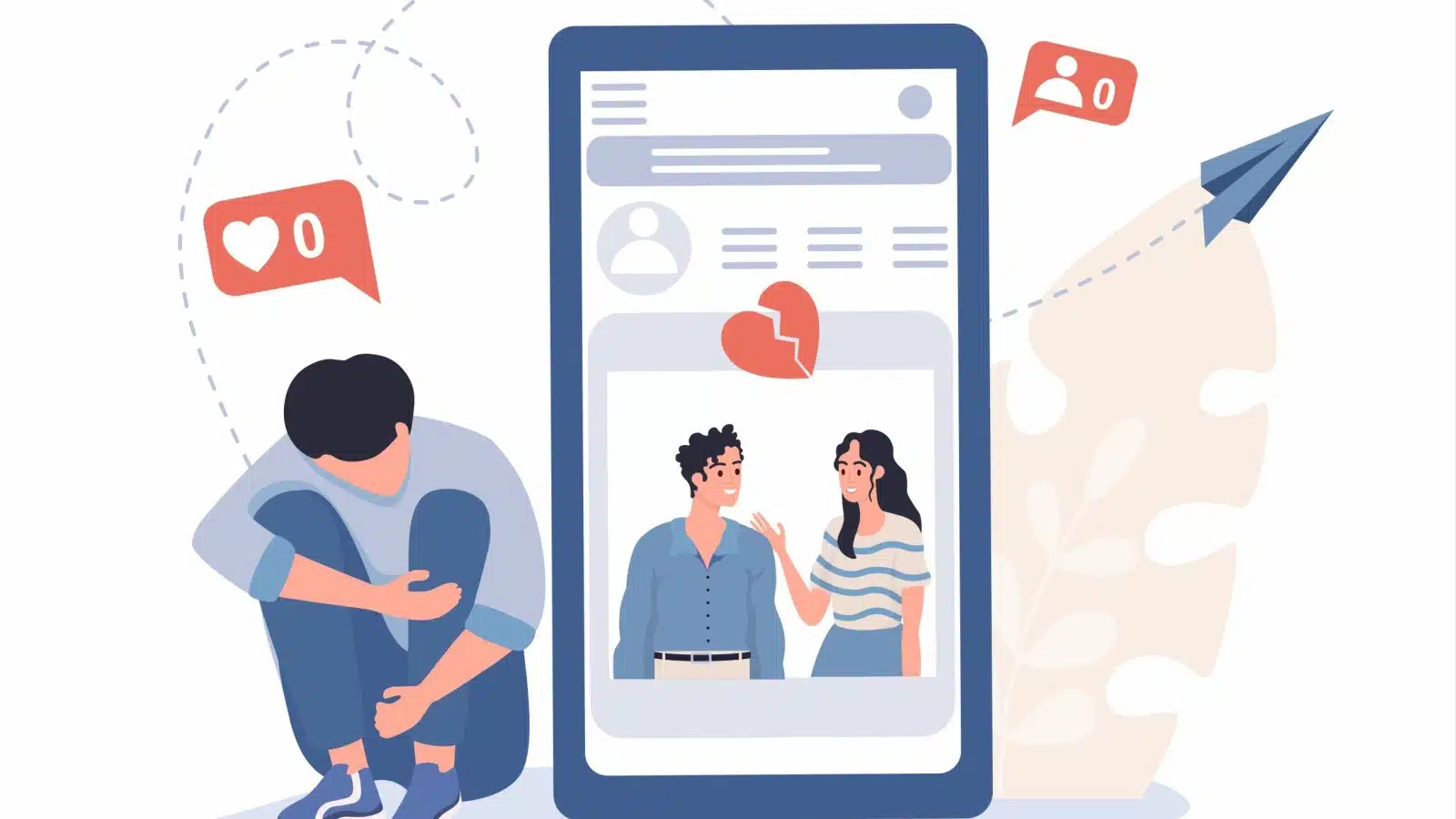 Illustration of a sad man sitting next to a dating app with no likes or matches.