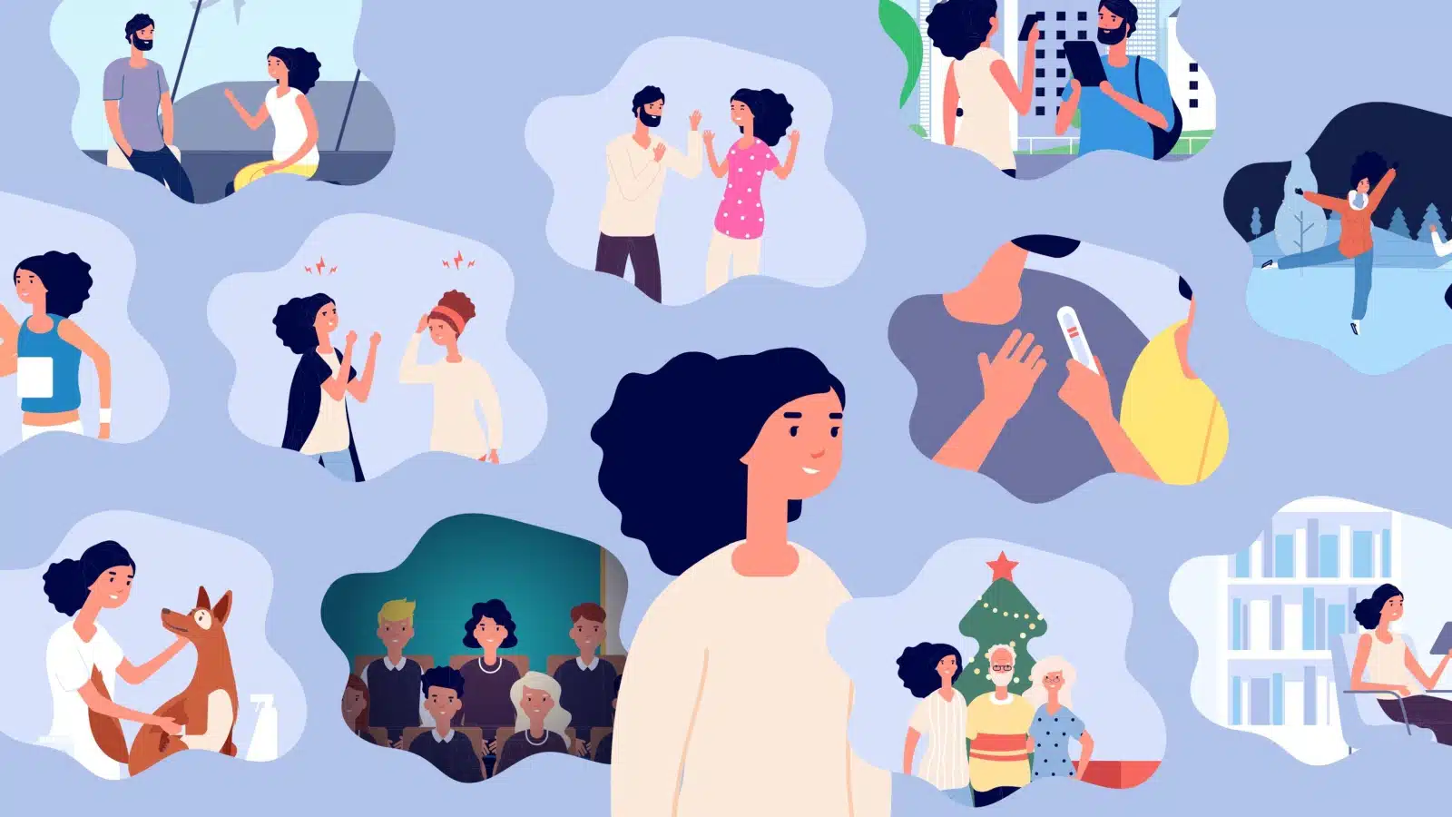 A woman thinks about her past experiences, represented by illustrations in bubbles surrounding her.