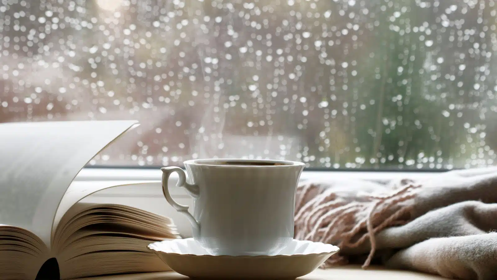 A porcelain coffee cup and book sit on a windowsill on a rainy day.