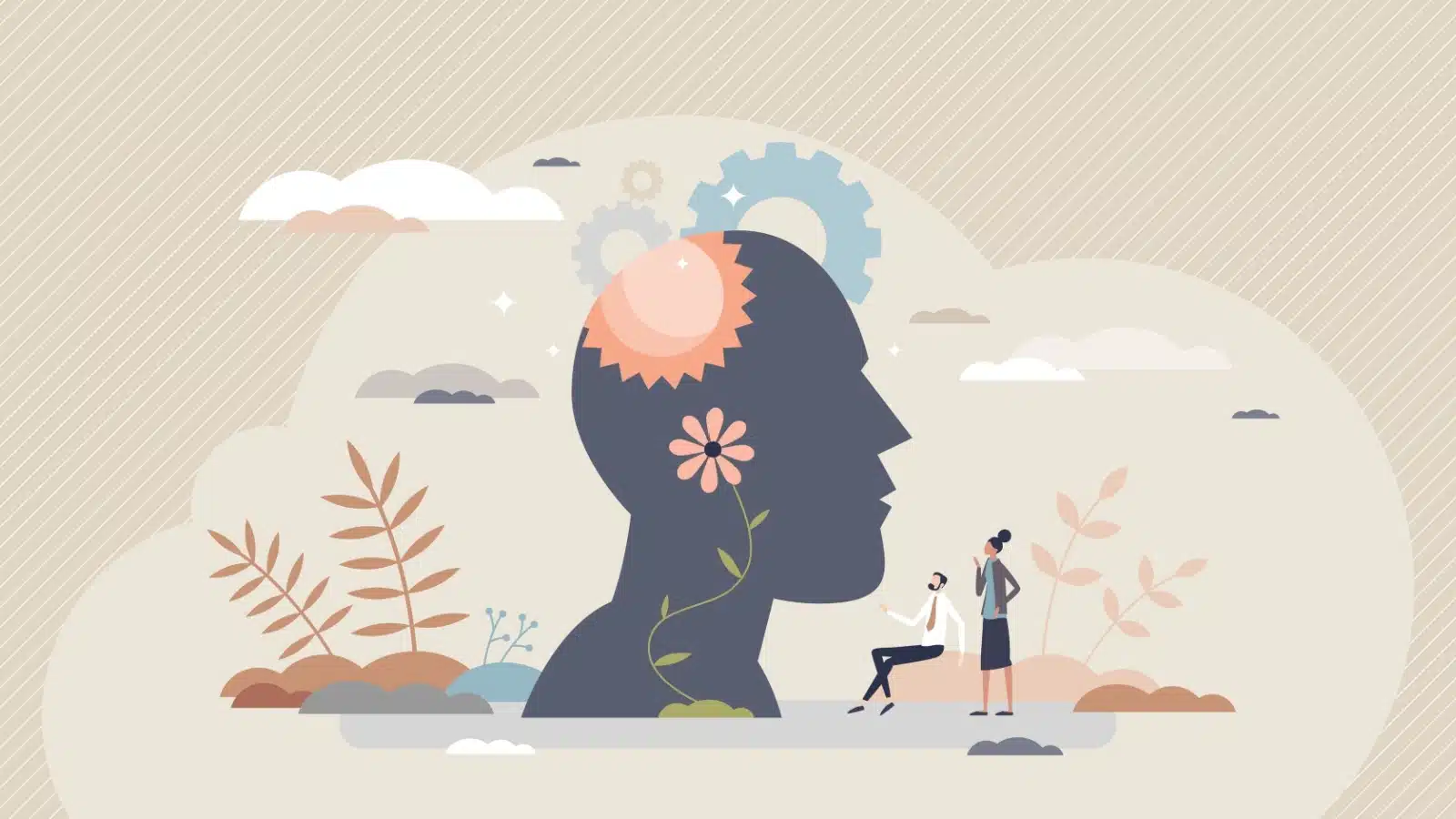 Image of a head with gears inside,, growing a flower, to represent how personal development leads to growth, improved skills, or better mental health.