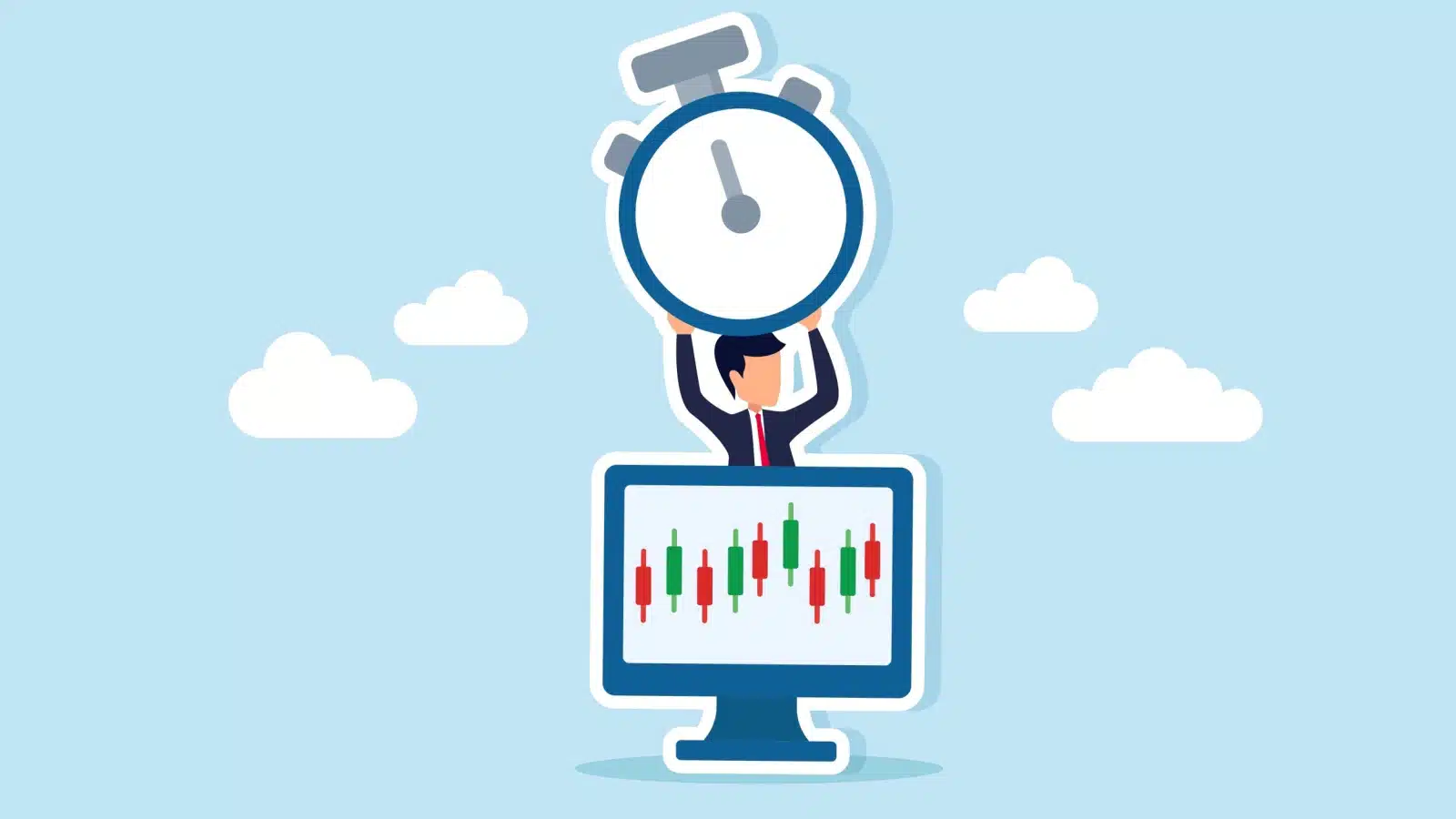 A businessman holds a clock above a computer showing investment growth to illustrate how crucial time is to your investment growth.