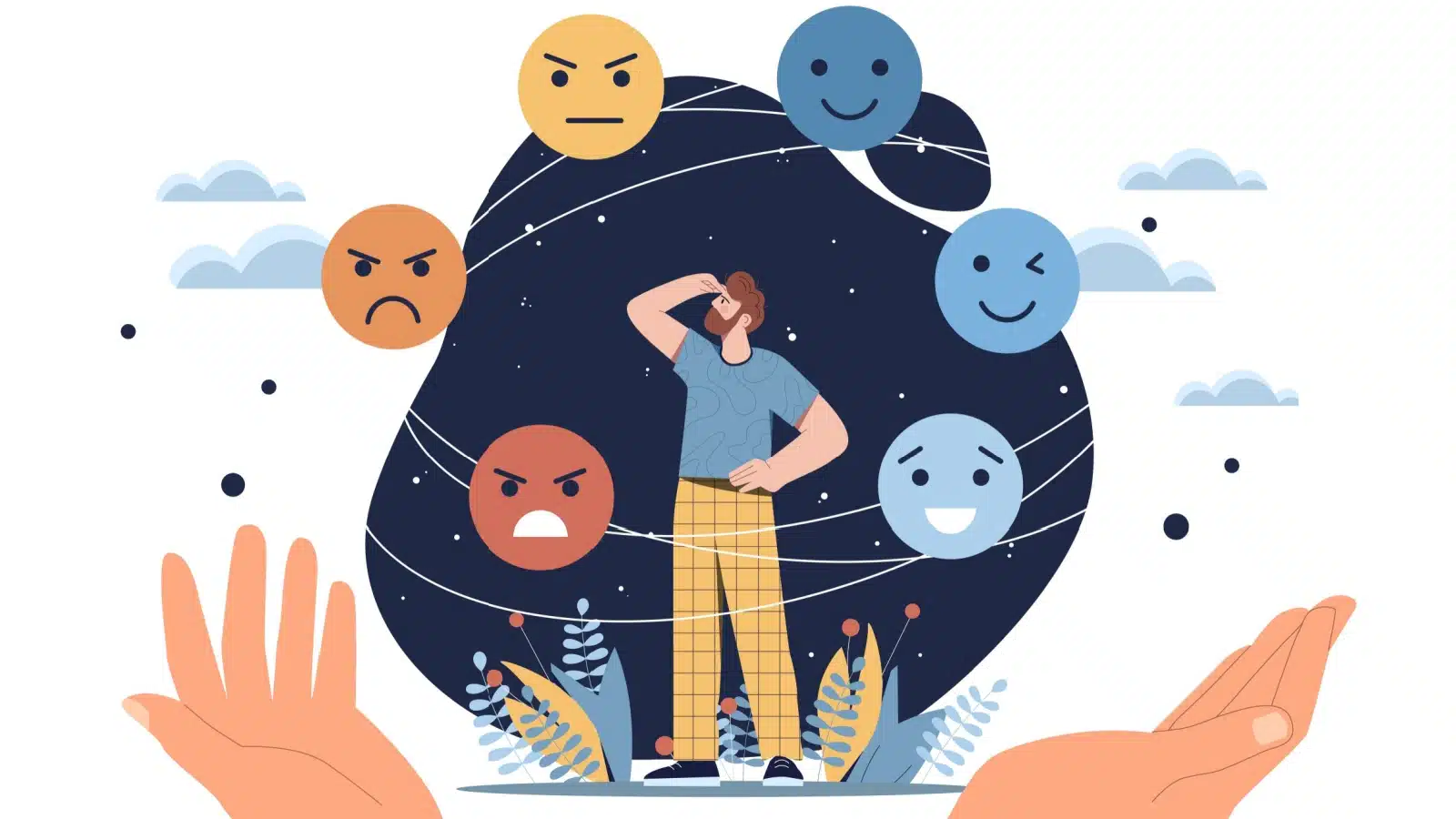 A man examines his own emotions to represent building emotional intelligence.
