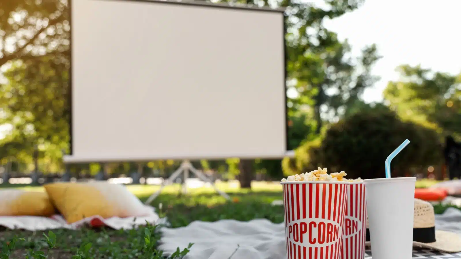 Snacks and blankets in the grass in front of a giant movie screen.