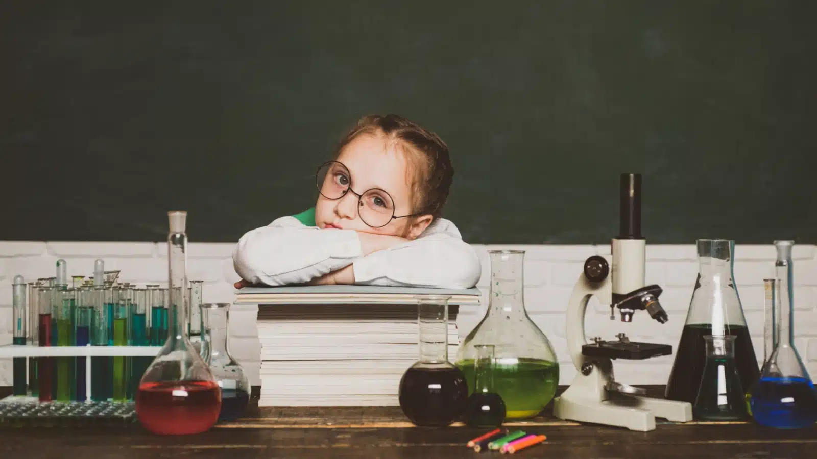 A sad little girl leans on books in a science lab.