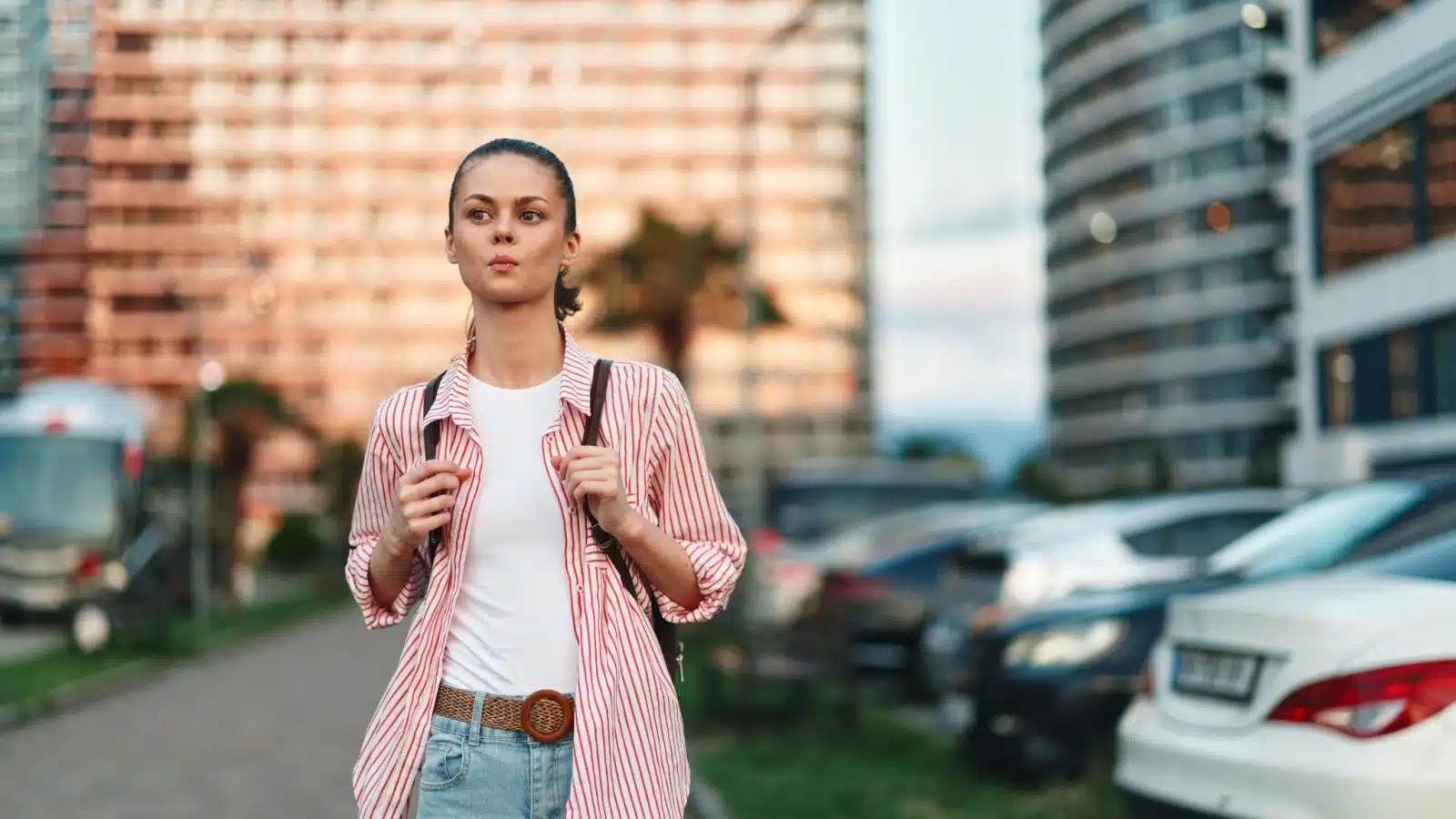 A young woman walks down the street with her head held high. At first glance, she looks confident, but underneath you can see a layer of vulnerability. The image represents confidence building activities.