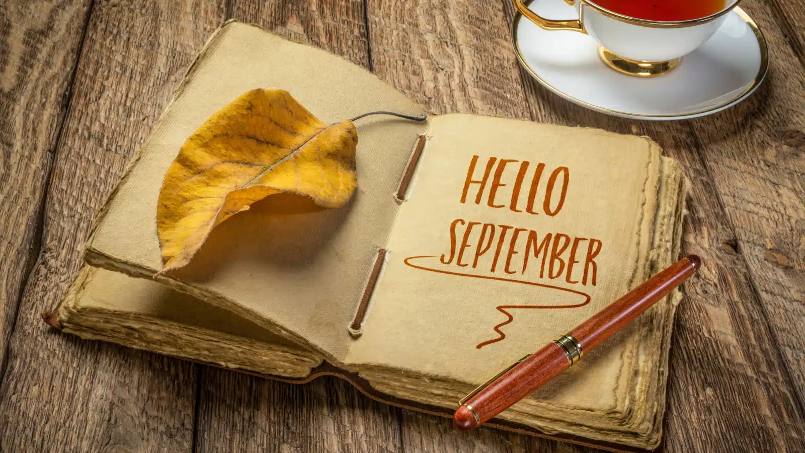 Hello September written in an old journal with a fall leaf next to it.