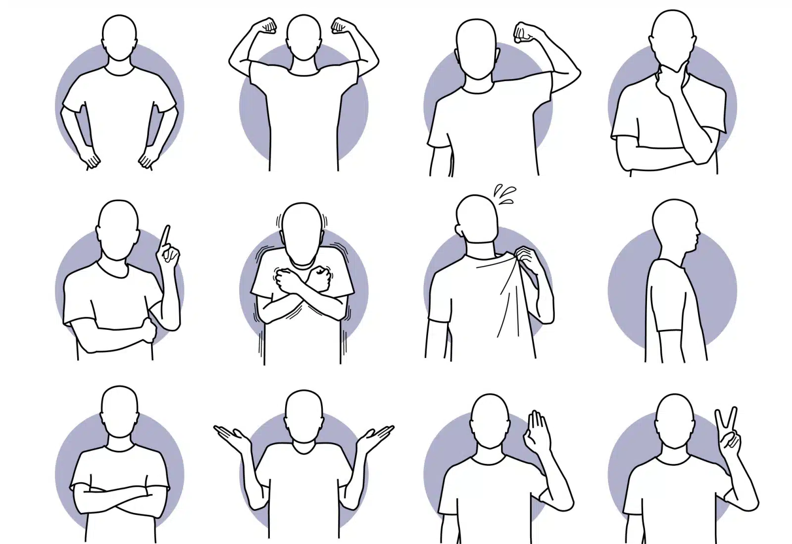 Illustration of a man in different poses to represent body language.