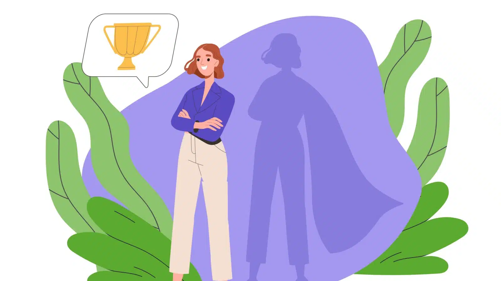 A confident woman imagines herself as a super woman winning a trophy.