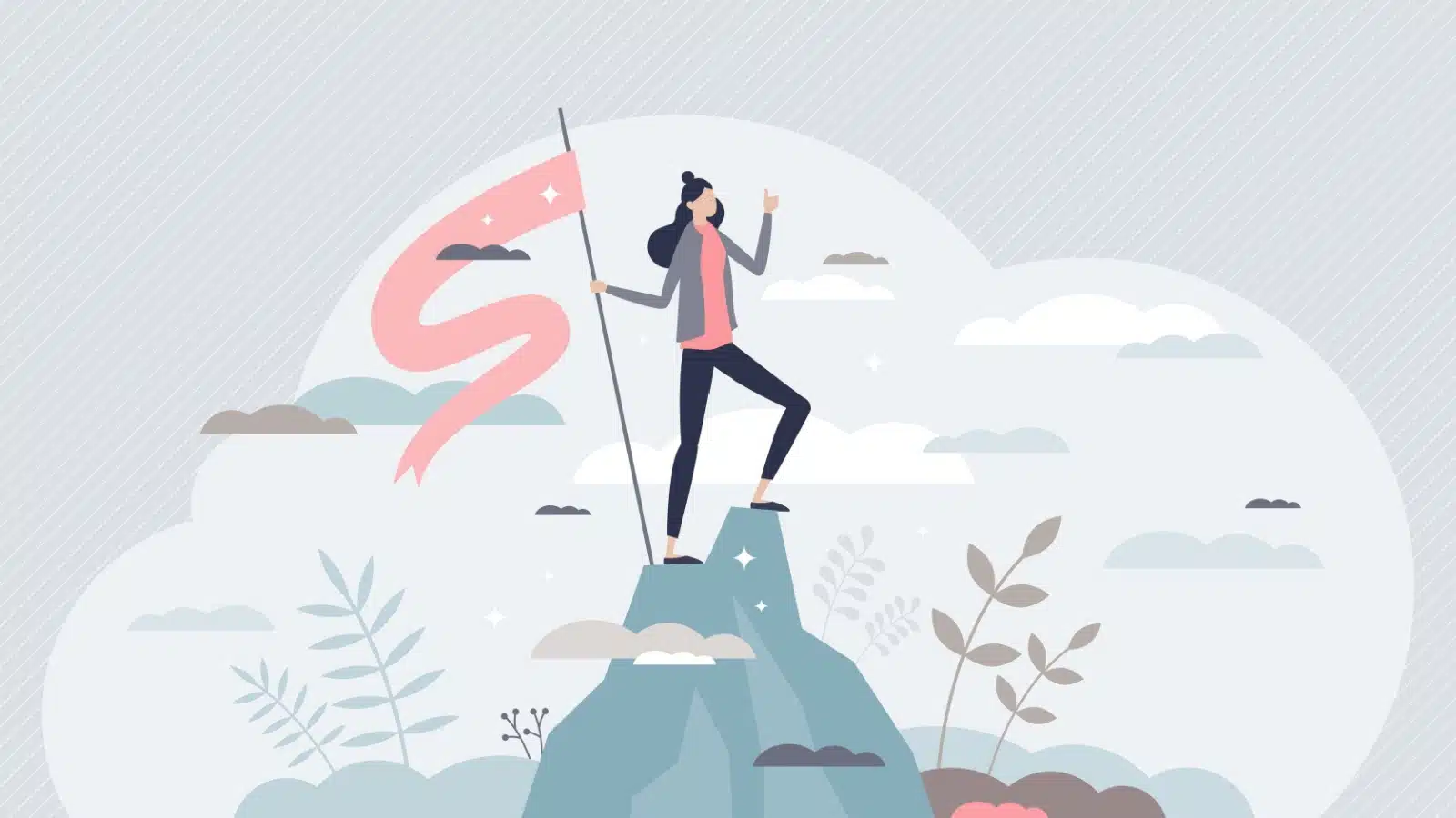 A confident successful woman achieved her goal, represented by her holding a flag at the top of a mountain.