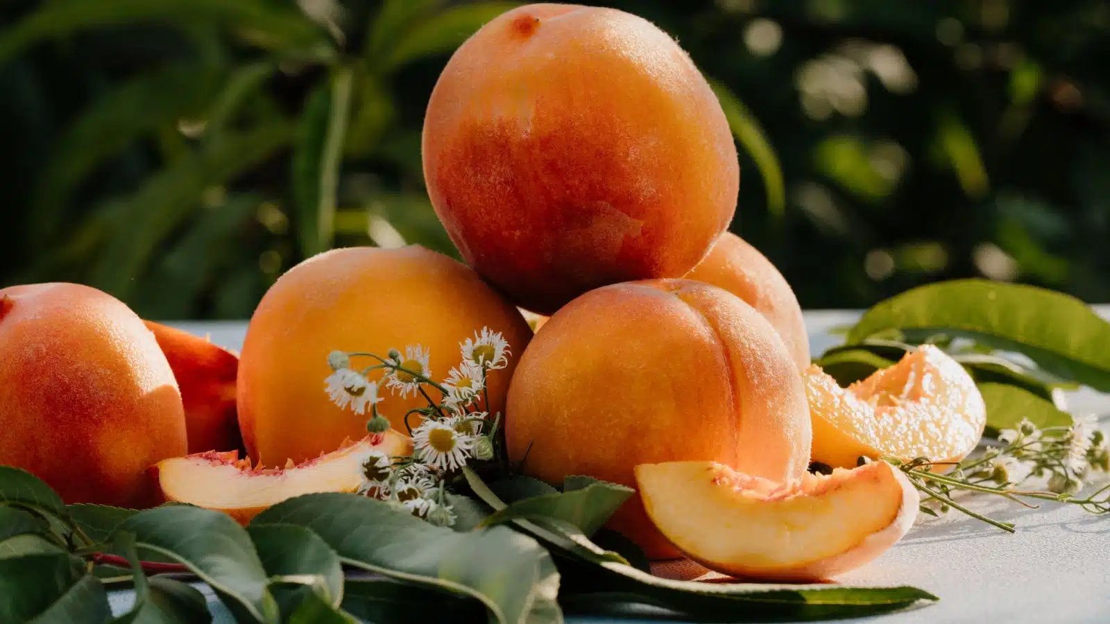 Fresh peaches in a pile outside.