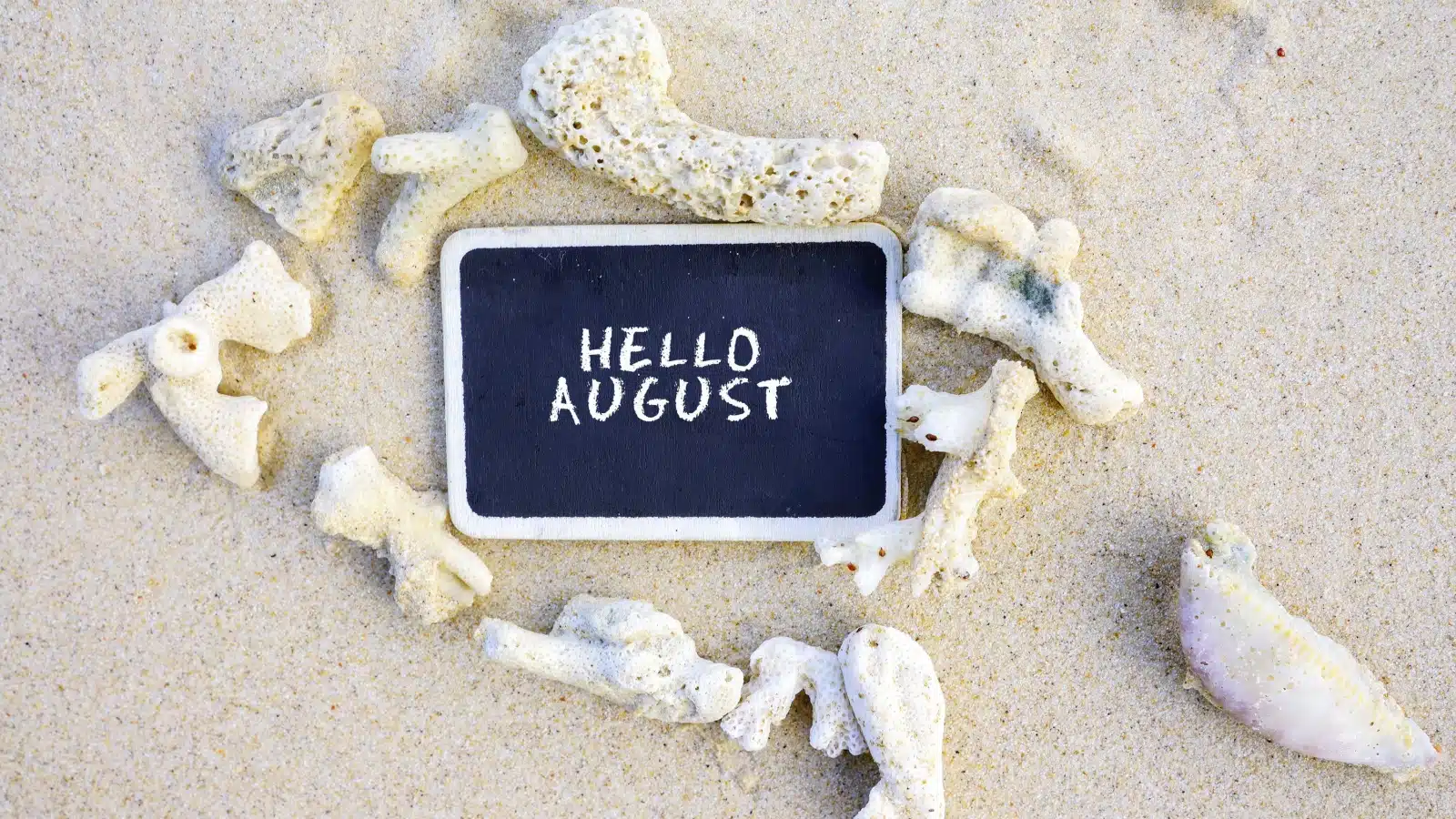 A chalkboard on a beach says "hello August."