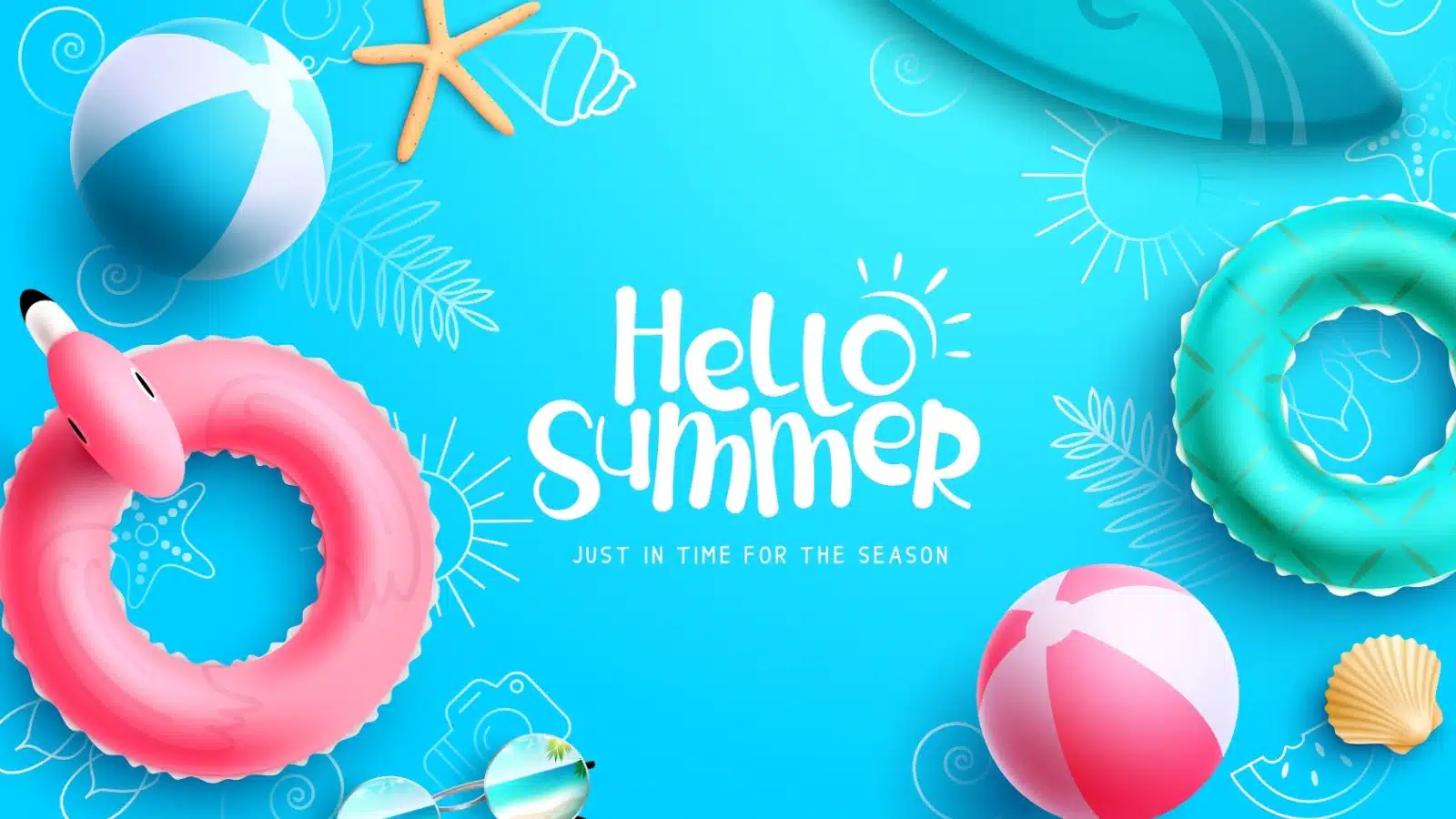 A graphic with the words "hello summer" written on it surrounded by summer things like beach balls, pool floats, and starfish.
