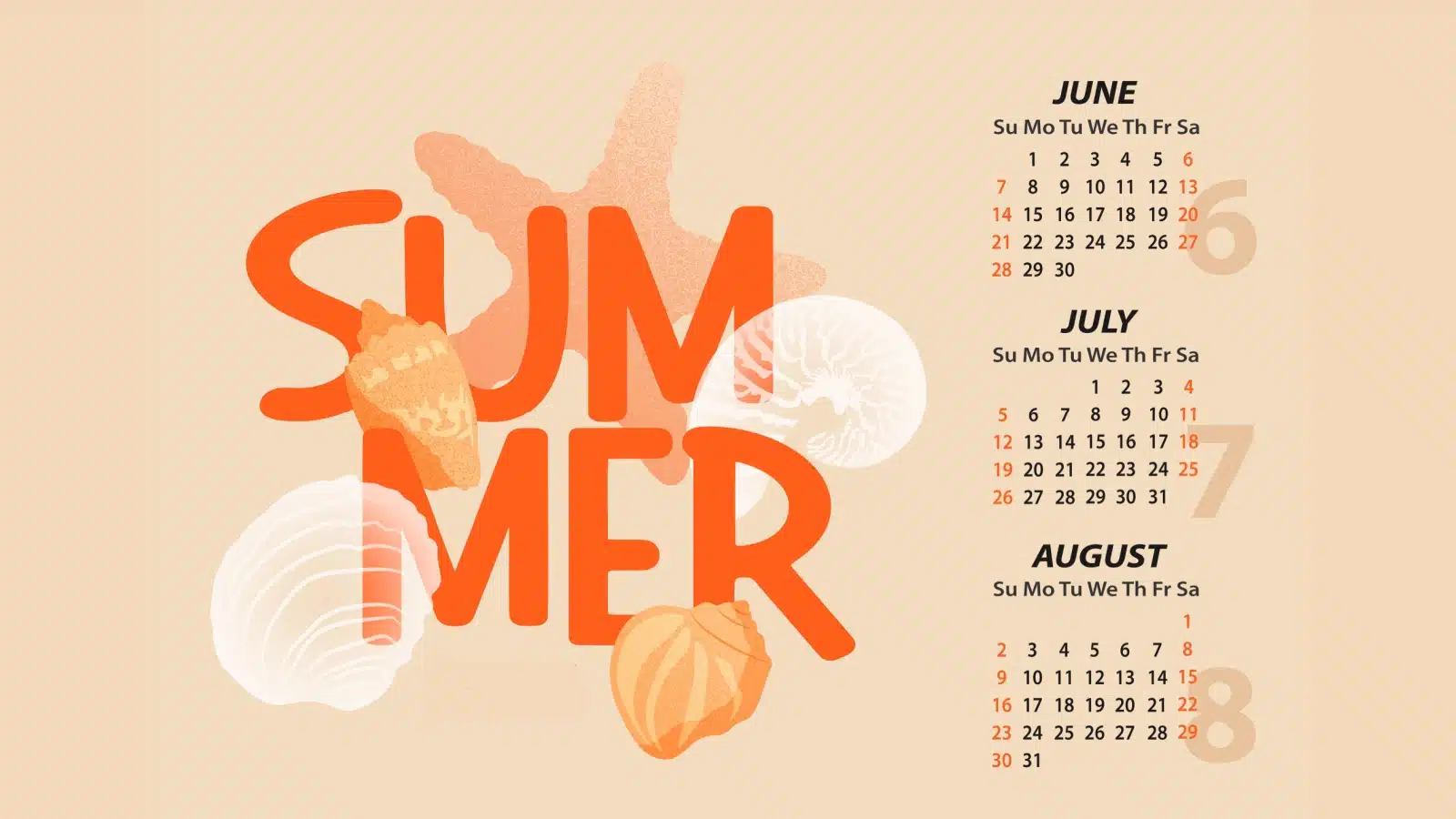 A beach themed calendar showing only the three summer months June, July, and August.