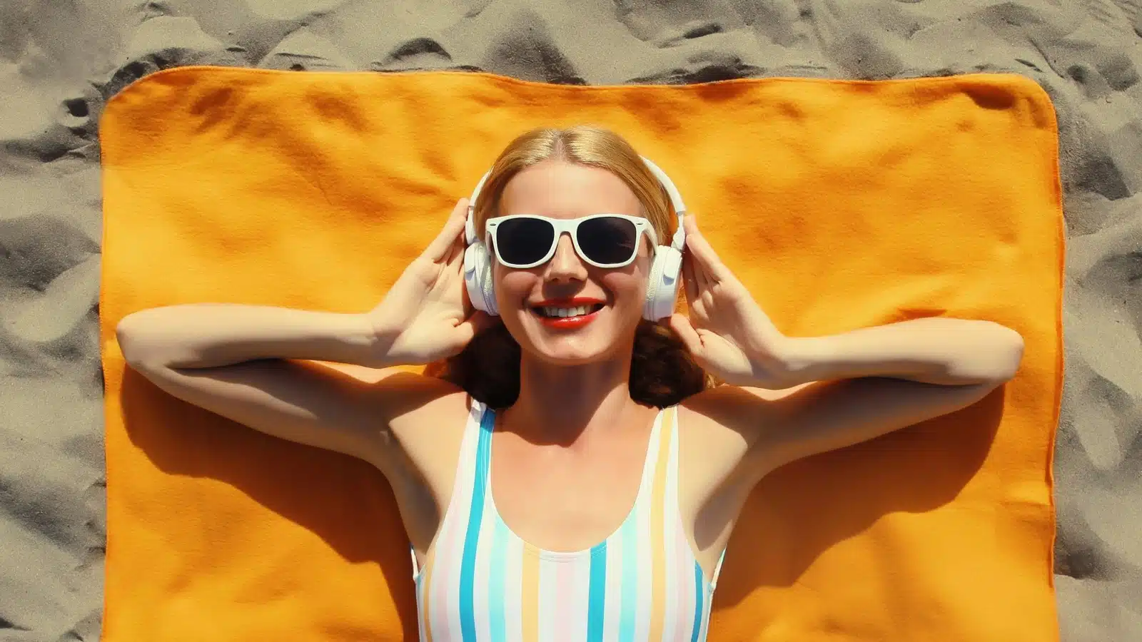 A woman lies on a towel on the beach, enjoying the summer season.