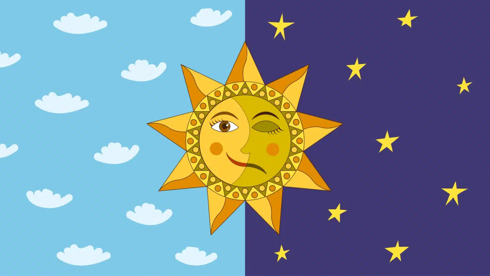 A banner illustration representing the summer solstice. The half of the sun in the daytime is awake while the half in the evening is asleep.