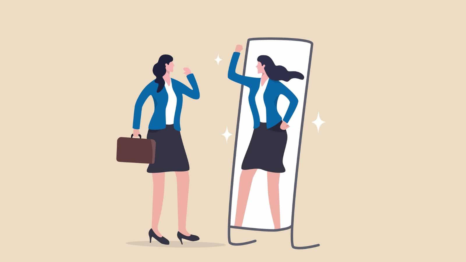 Illustration of a woman looking into the mirror. Her reflection shows confidence and self-belief.