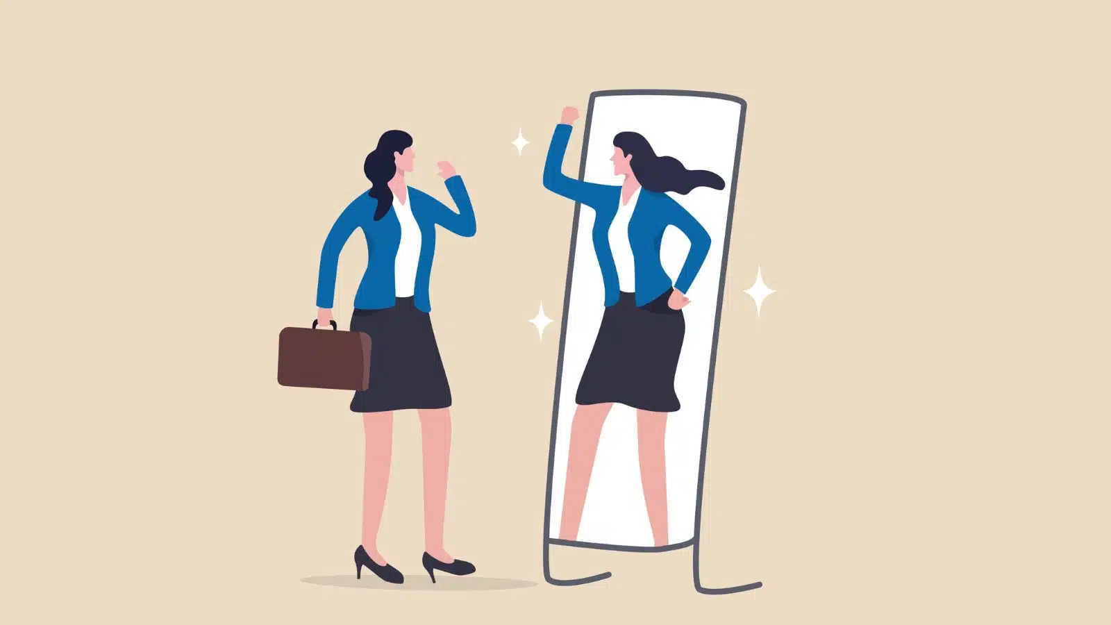 Illustration of a woman looking into the mirror. Her reflection shows confidence and self-belief.