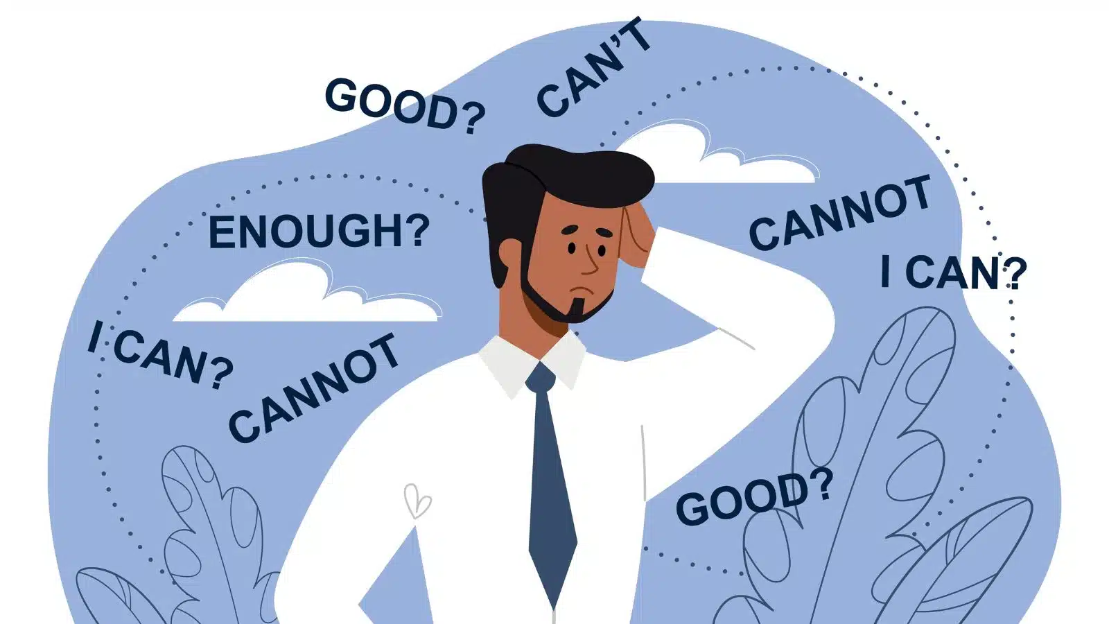 Illustration of a man attempting to challenge the negative beliefs surrounding him.