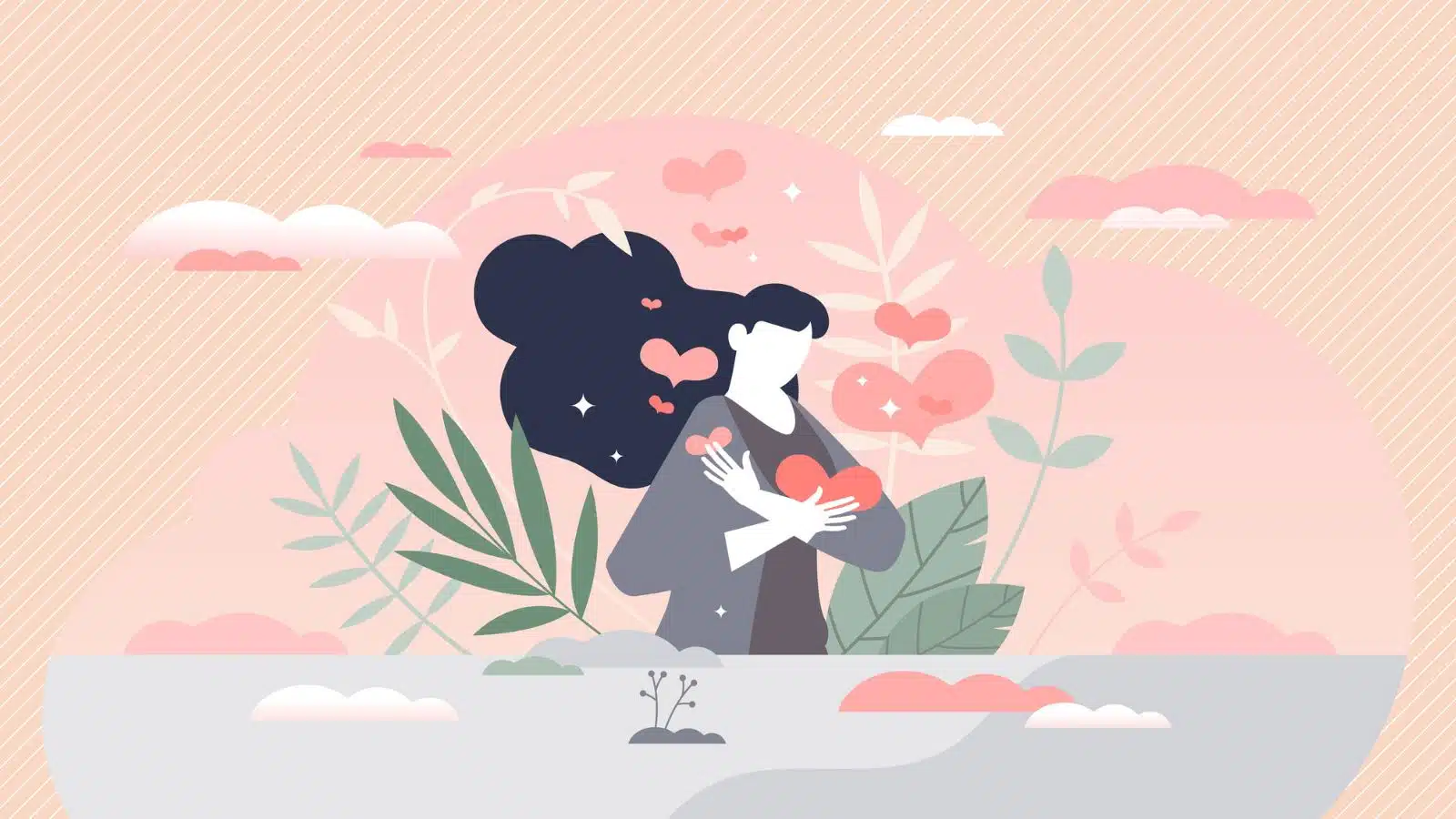 Illustration of a woman hugging herself surrounded by hearts to represent how to build self-esteem.
