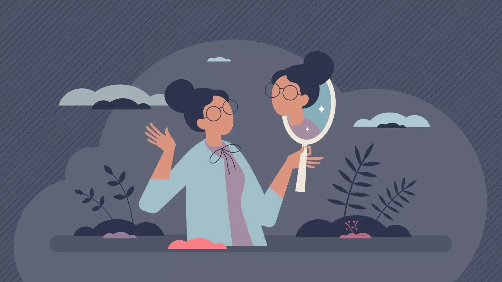 A woman speaks to her reflection which is coming out of a hand mirror to illustrate self-awareness and reflection.